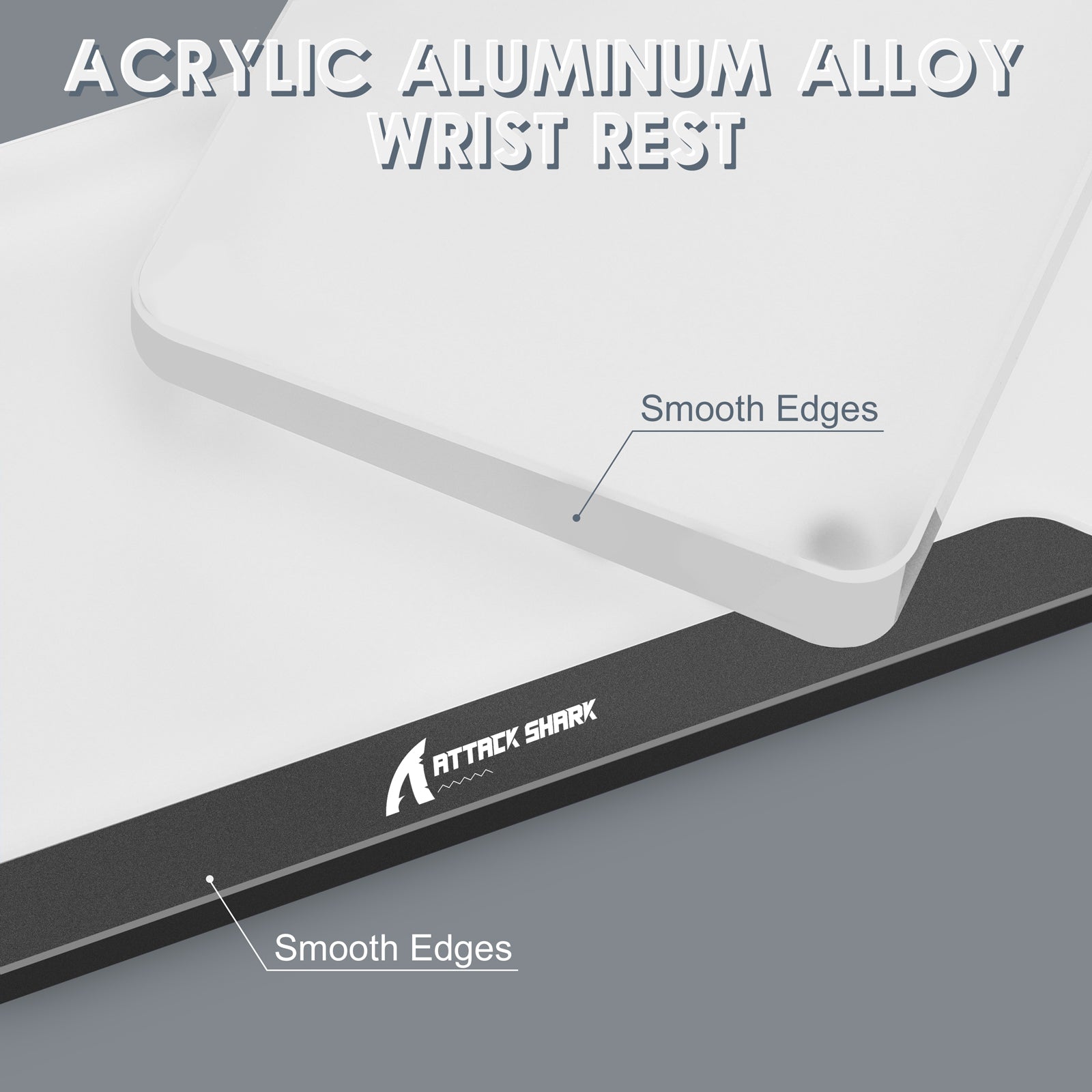 Acrylic wrist rest with smooth edges and aluminum alloy base, featuring Attack Shark logo