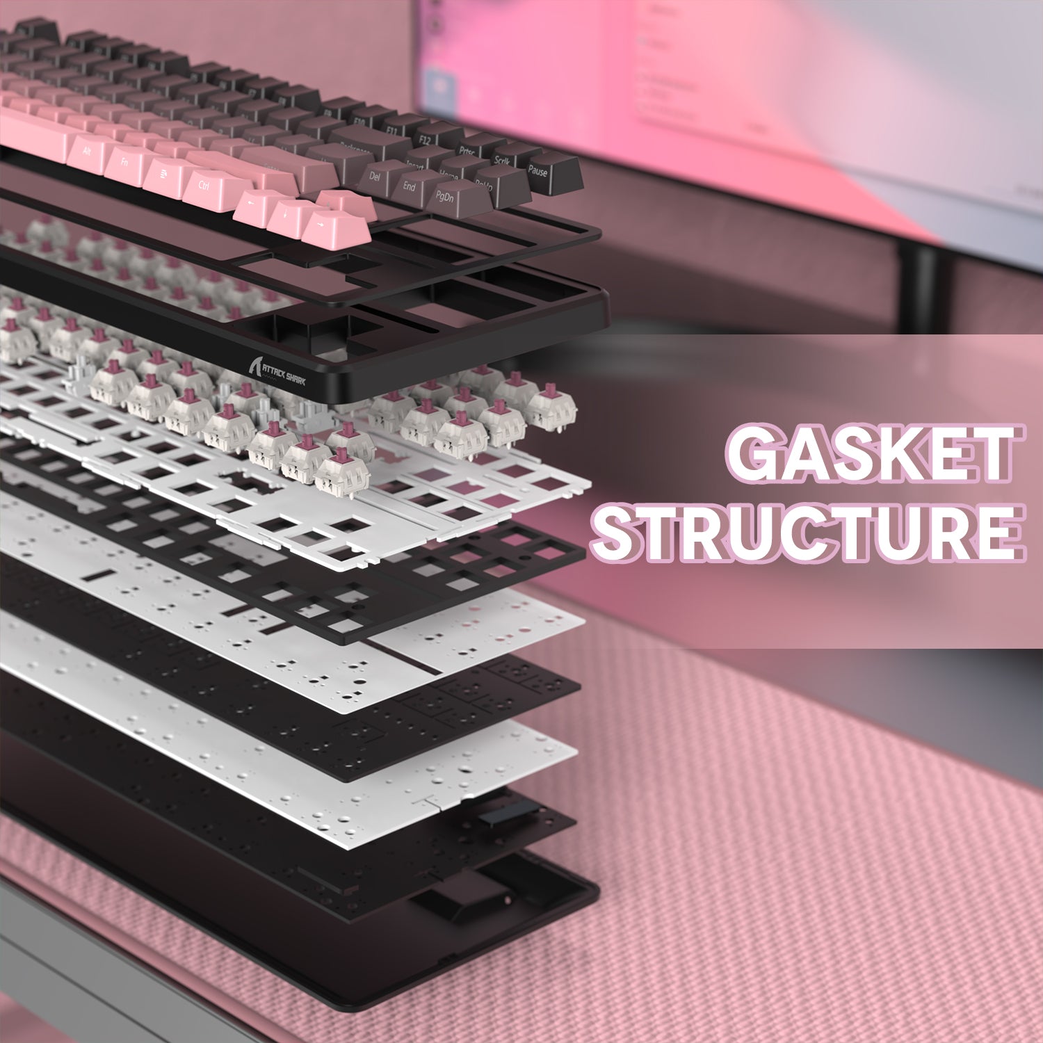 Gasket structure layers of ATTACK SHARK X87 mechanical keyboard with PBT keycaps.