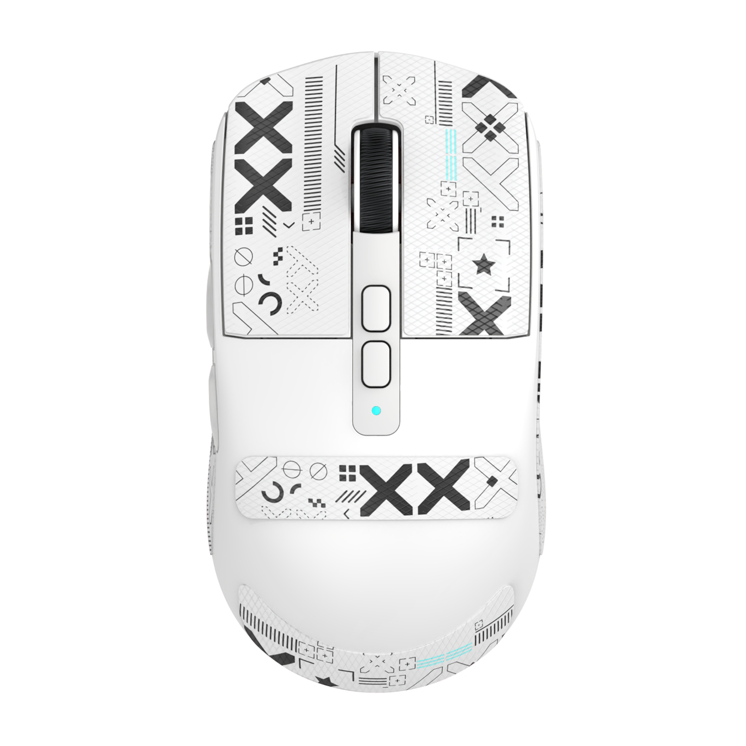 White gaming mouse with vibrant grip tape and geometric textures for enhanced control.