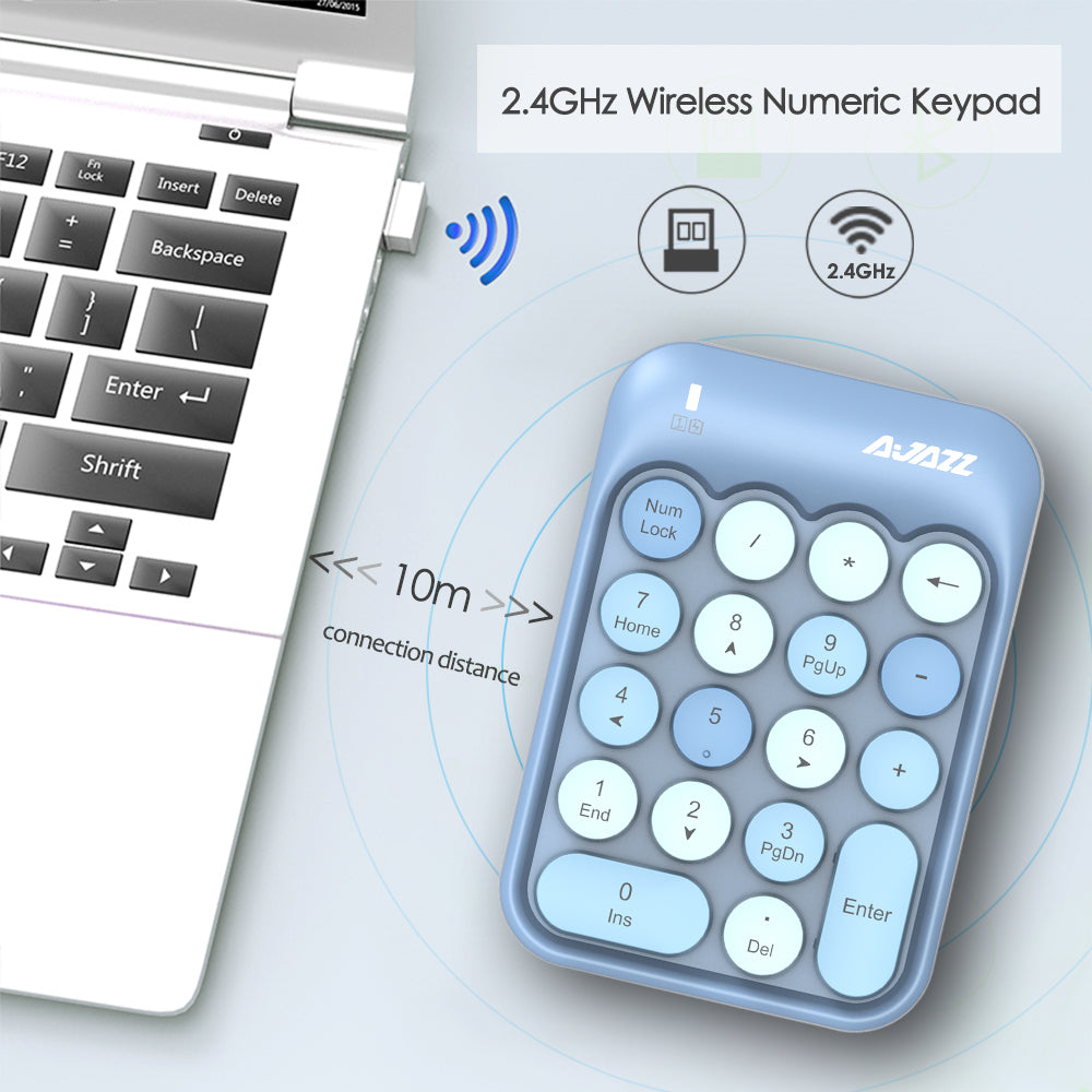 Light blue 2.4GHz wireless numeric keypad demonstrating 10m connectivity range.