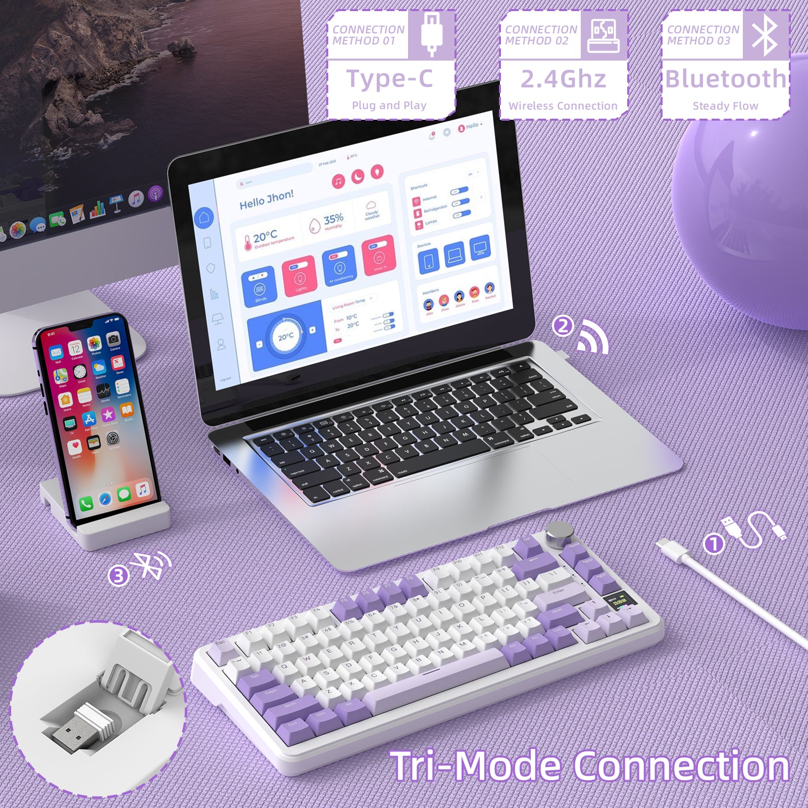 Attack Shark X85PRO keyboard with purple-white keycaps showcasing tri-mode connectivity options.