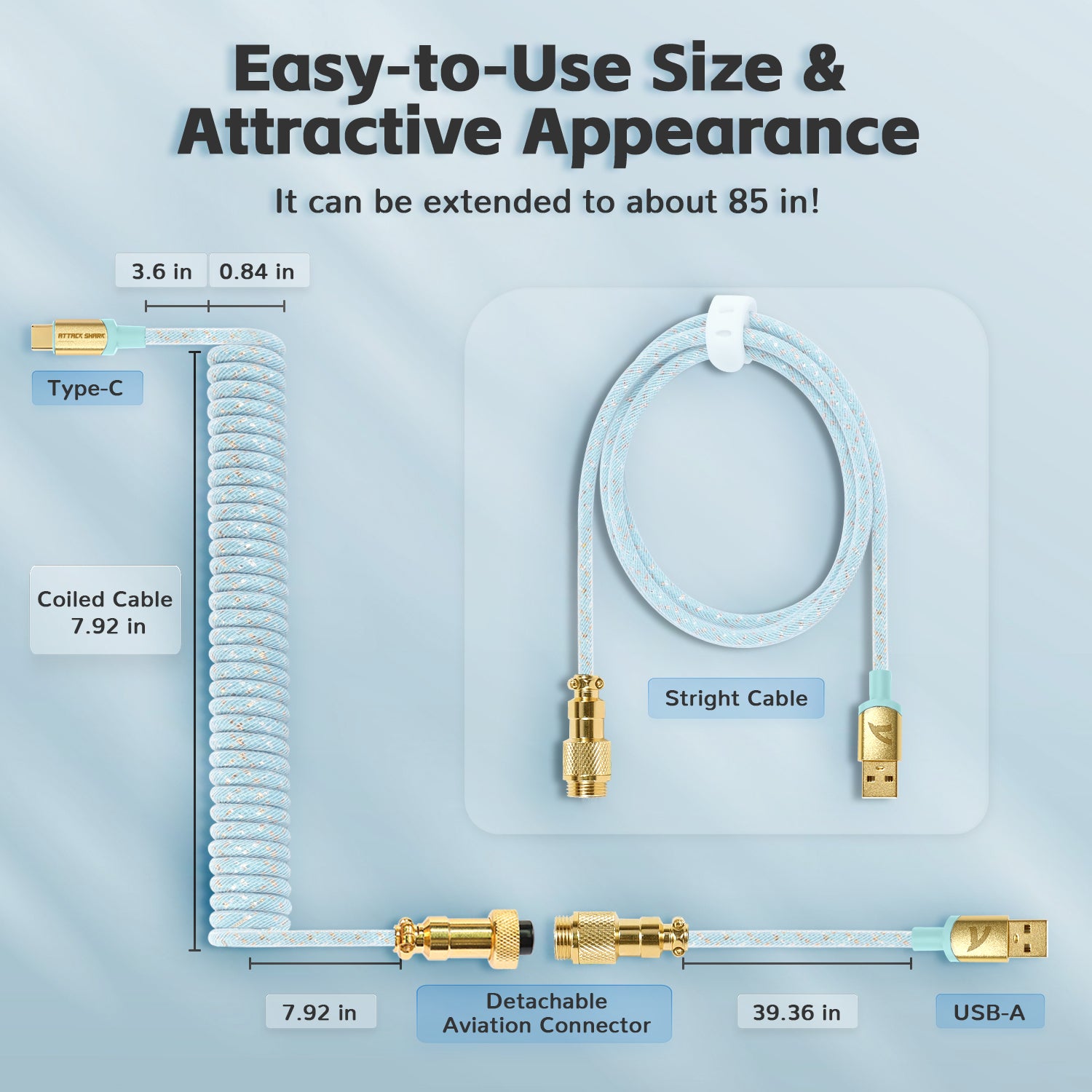 C03 USB-C coiled keyboard cable dimensions with Type-C and USB-A connectors.