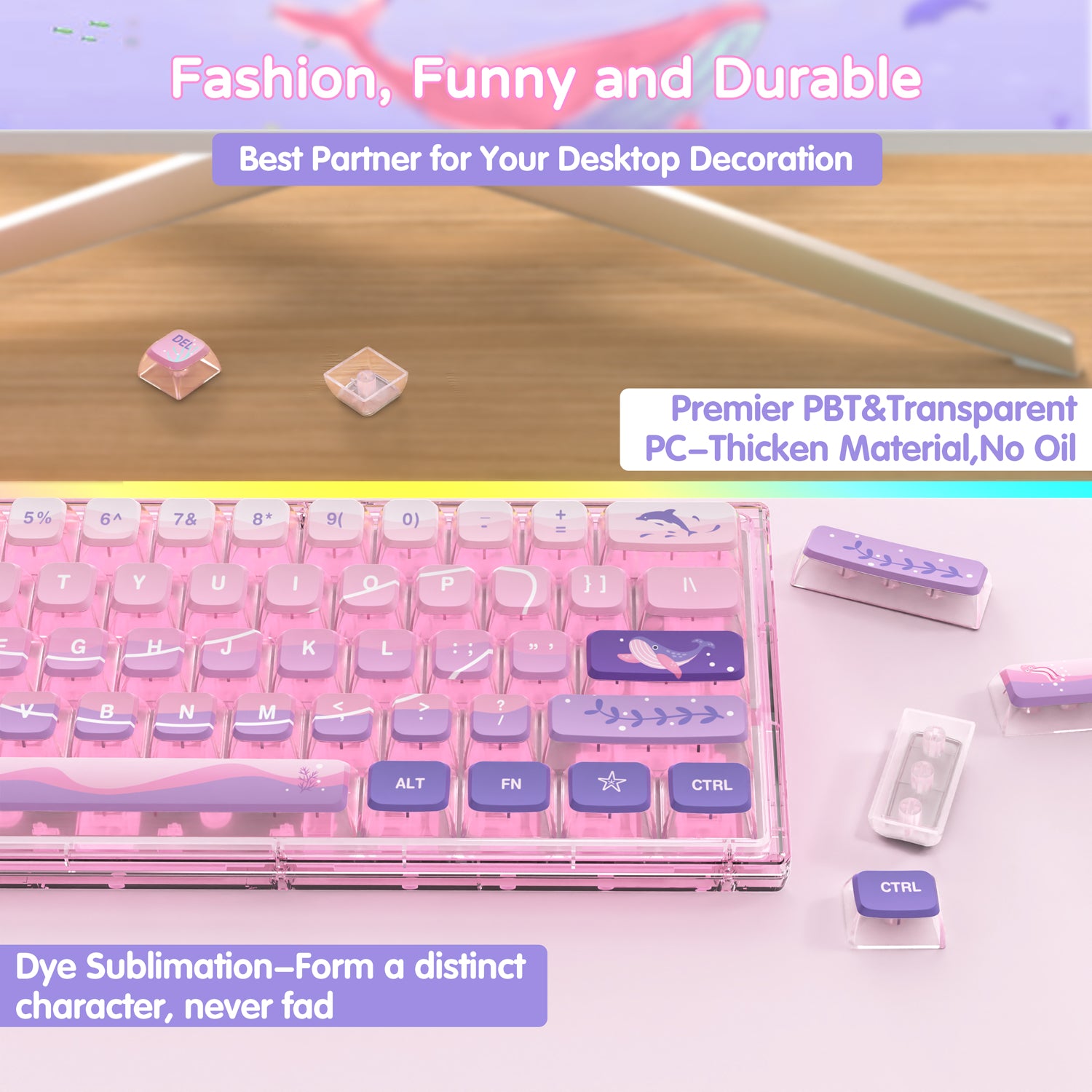 Clear pink mechanical keyboard with ocean-themed keycaps featuring whales and pastel colors.