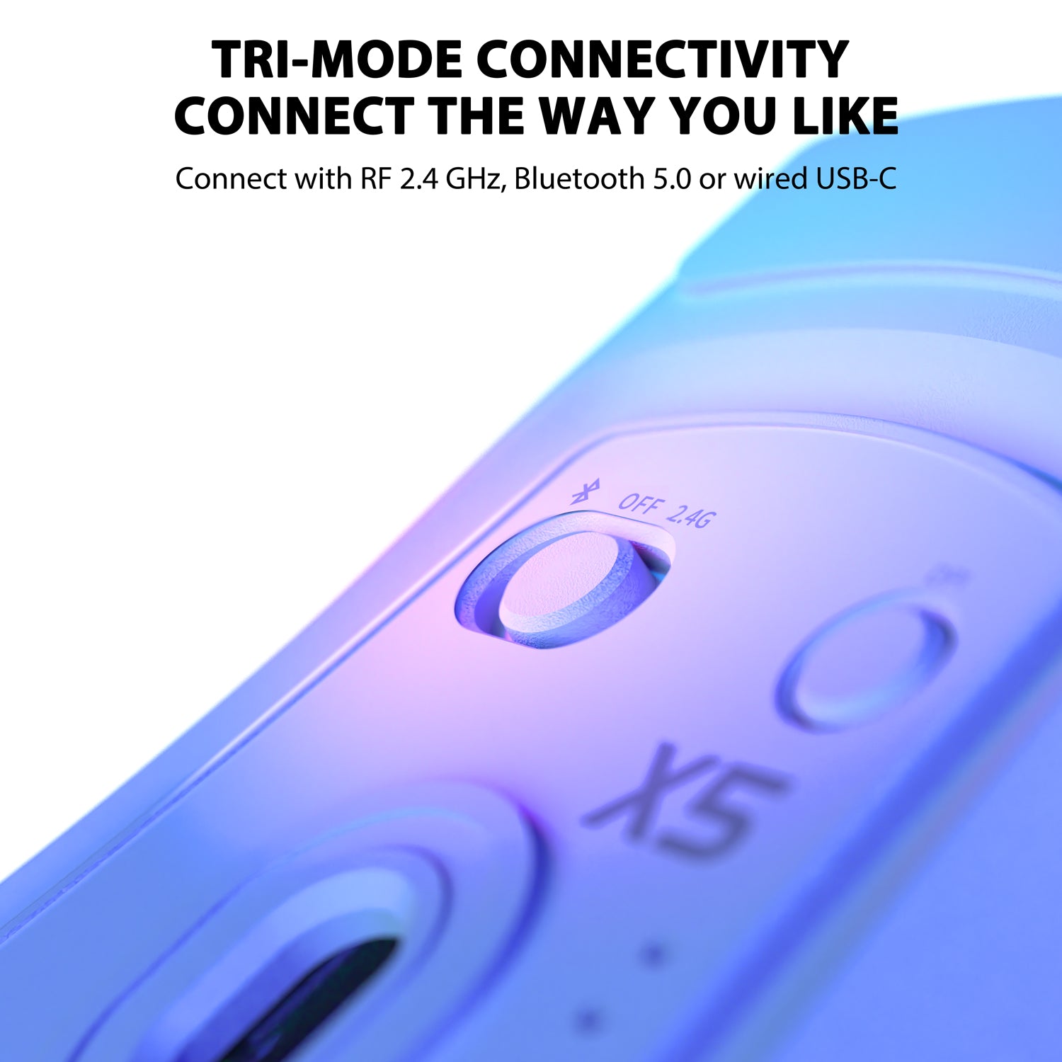 Close-up of X5 gaming mouse showcasing tri-mode connectivity options and RGB lighting