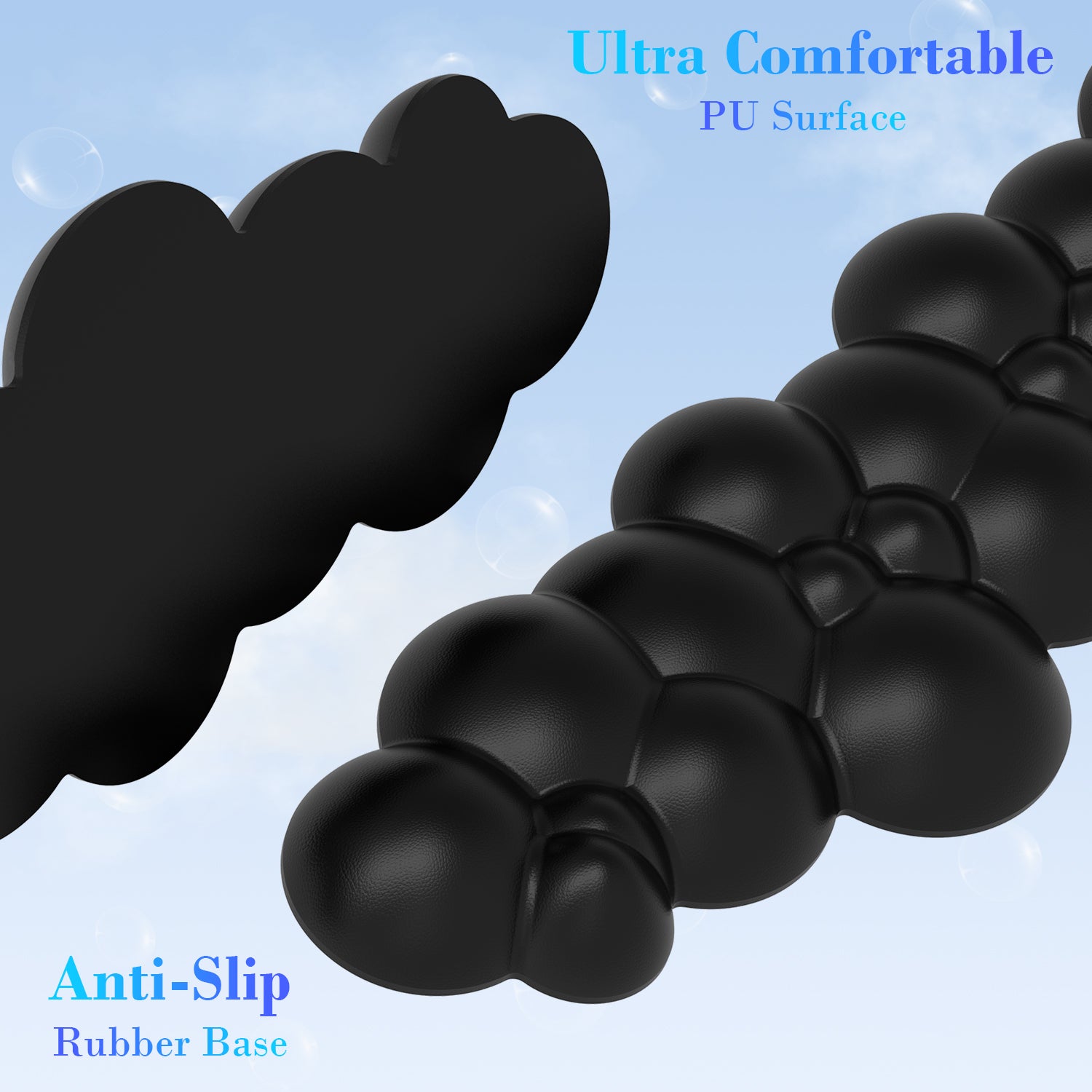 Close-up of black cloud-shaped wrist rest with ergonomic PU surface and anti-slip base.