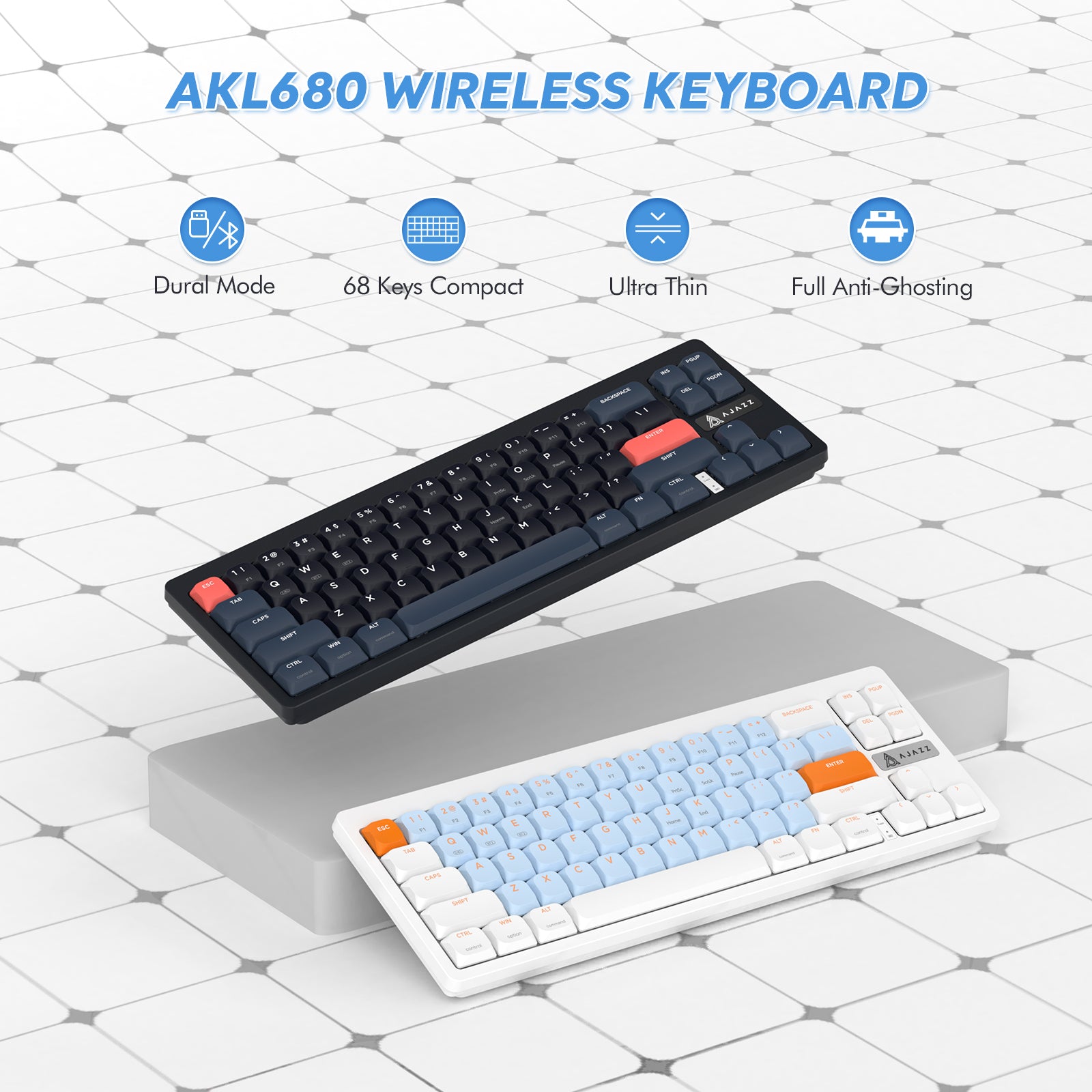 AKL680 wireless mechanical keyboard in black and white, showcasing dual mode and compact design