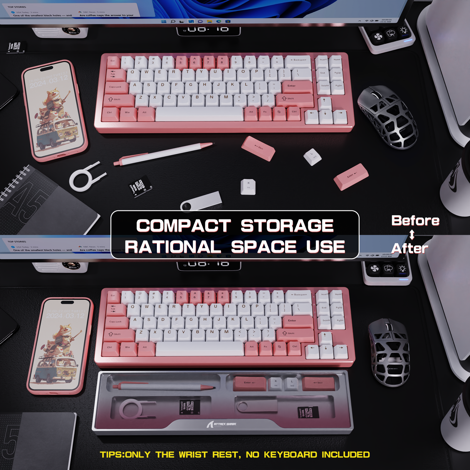 Pink mechanical gaming keyboard with wrist rest and organized accessories for efficient workspace.