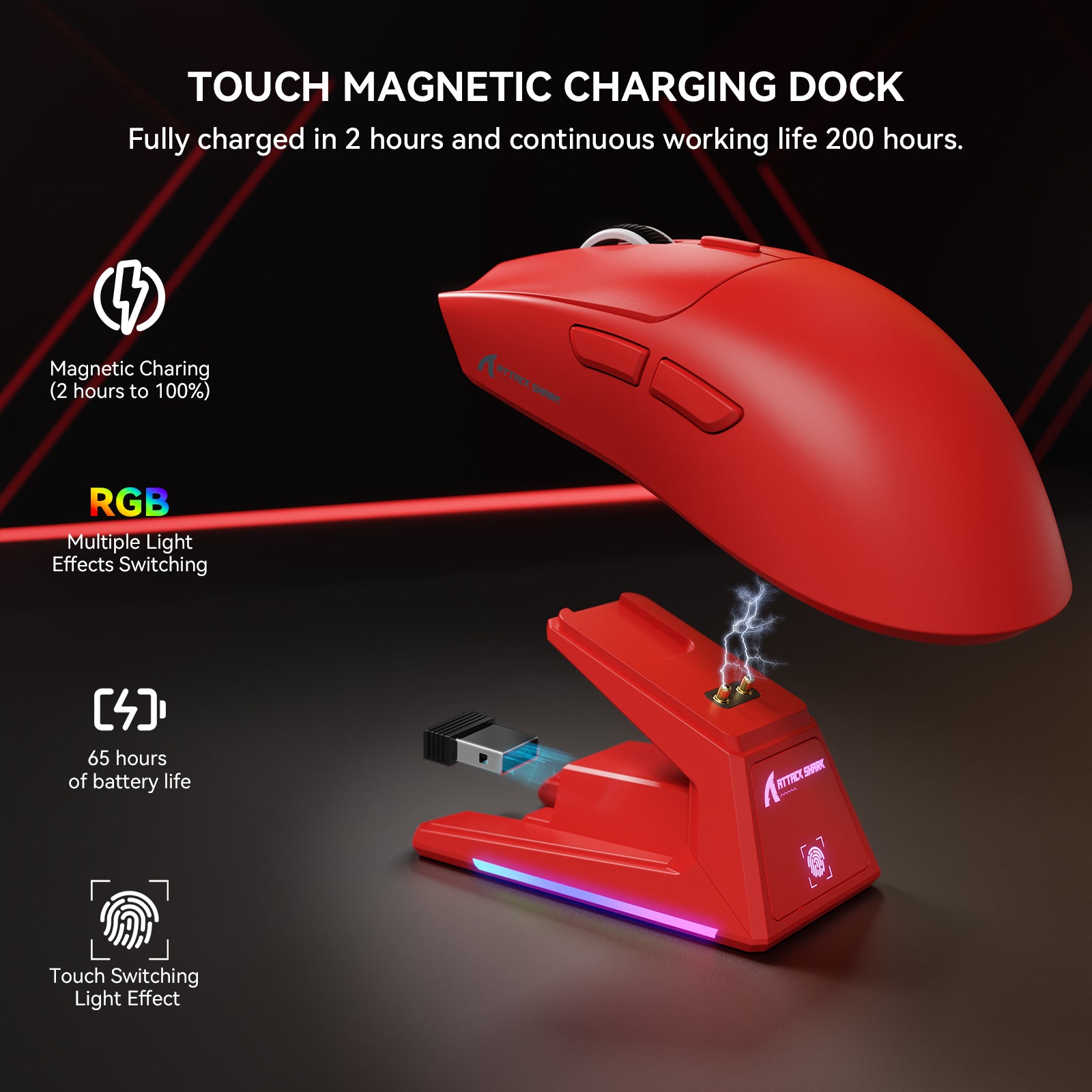 Ratón para juegos ATTACK SHARK X1 de tres modos con panel táctil RGB y base de carga PAW3395PRO Sensor