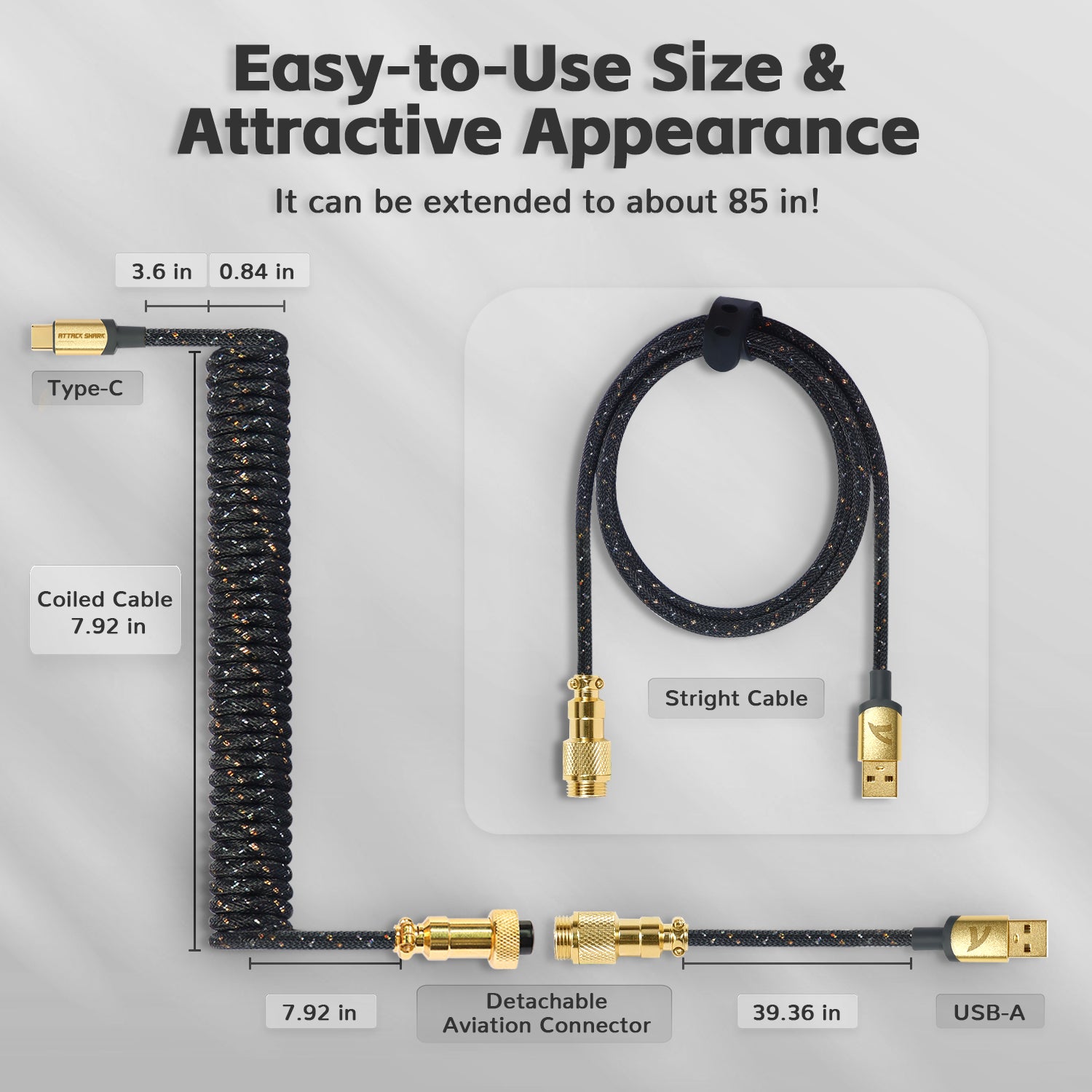 C03 coiled USB-C keyboard cable dimensions: 7.92 in coiled, 39.36 in straight.