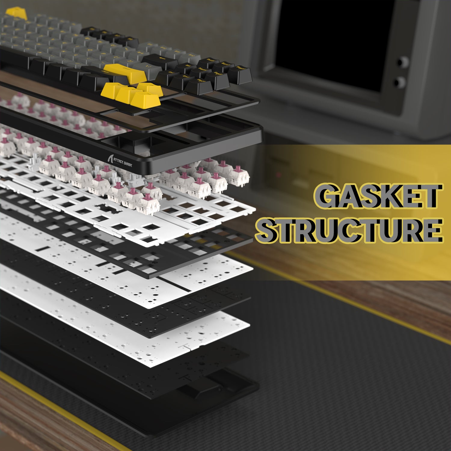 Gasket structure layers of ATTACK SHARK X87 keyboard demonstrating key stability.