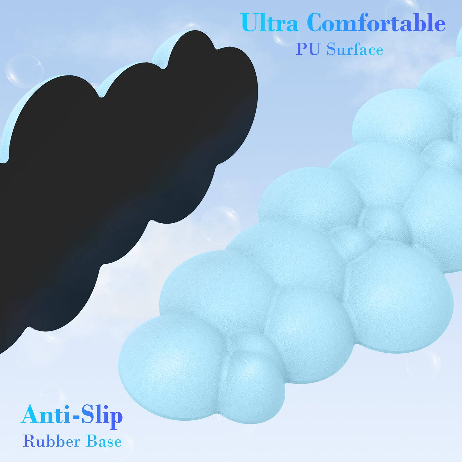 Dual-colored cloud-shaped wrist rest with anti-slip base and soft PU surface.