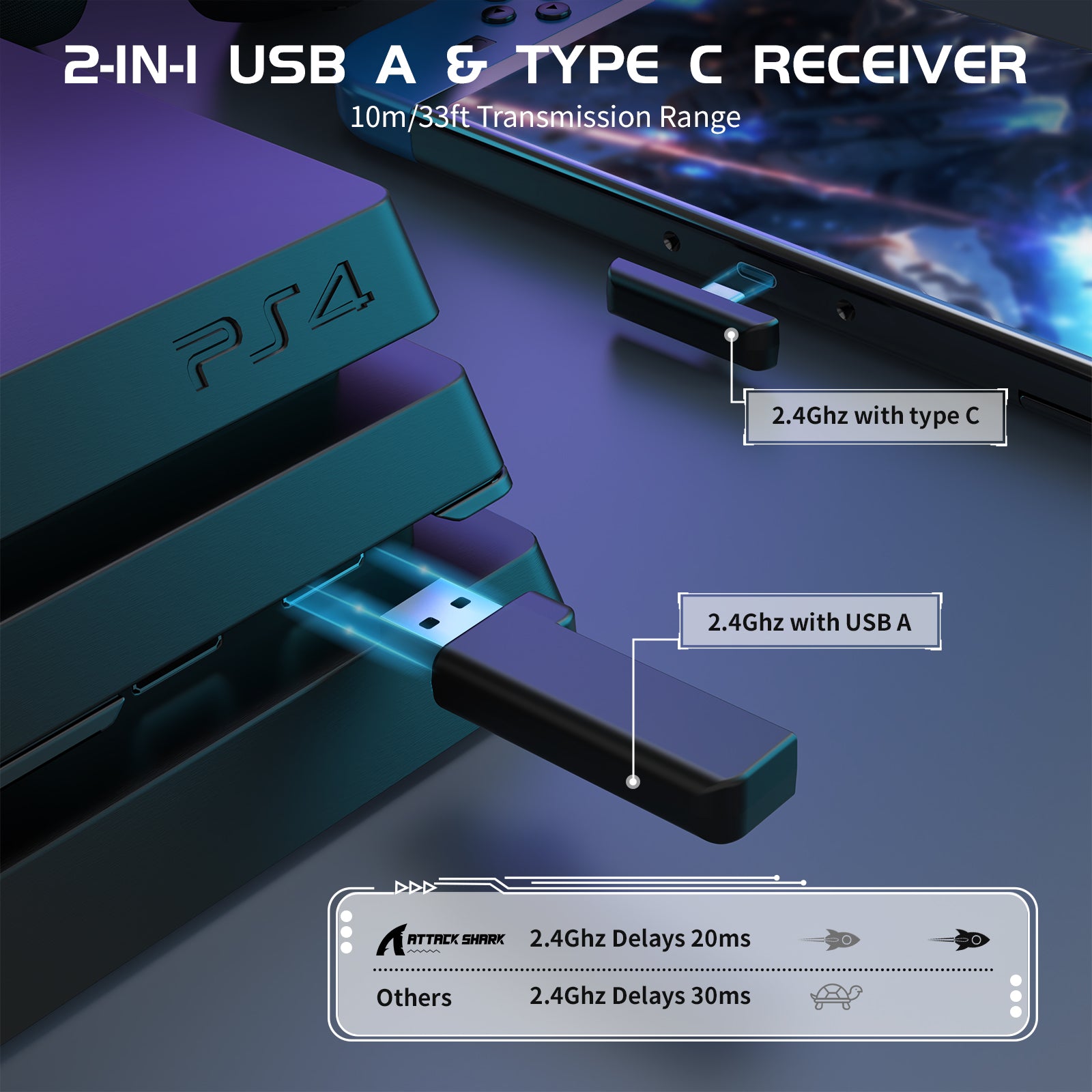 2-in-1 USB A and Type C receiver for Attack Shark L80 headset showing low 2.4GHz delay.