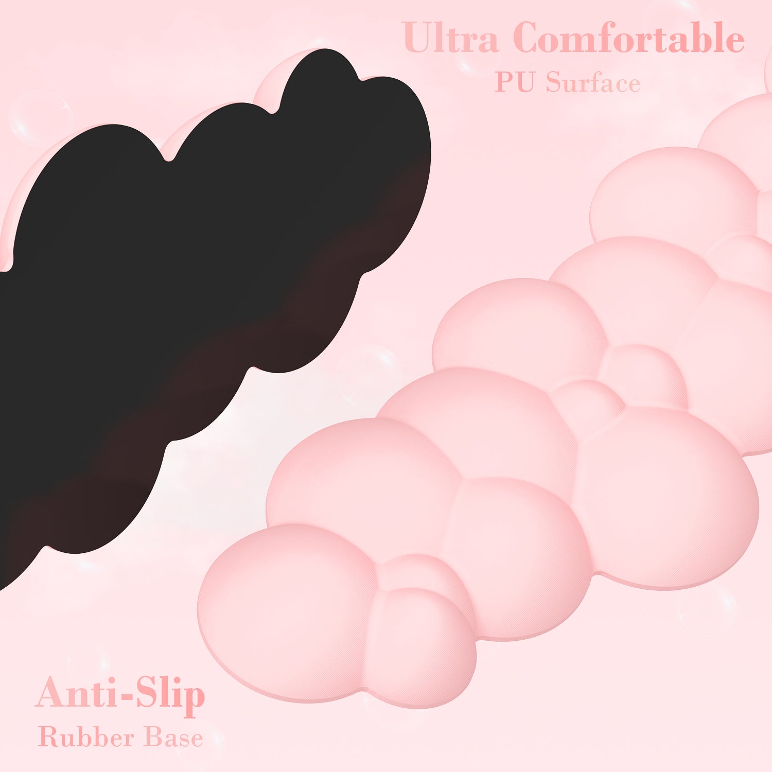 Black and pink cloud-shaped wrist rests with anti-slip base and soft PU surface.