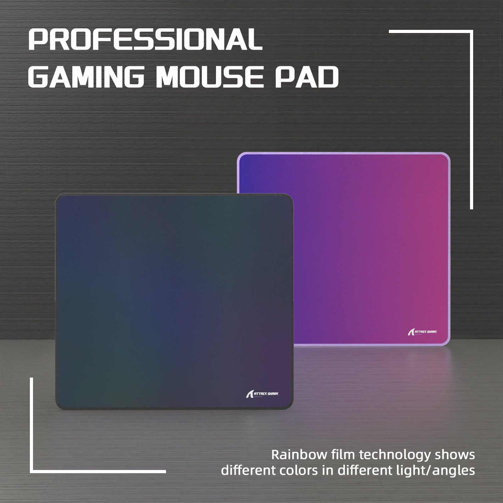 Attack Shark CM03 gaming mouse pad with rainbow film showing color variations under light.