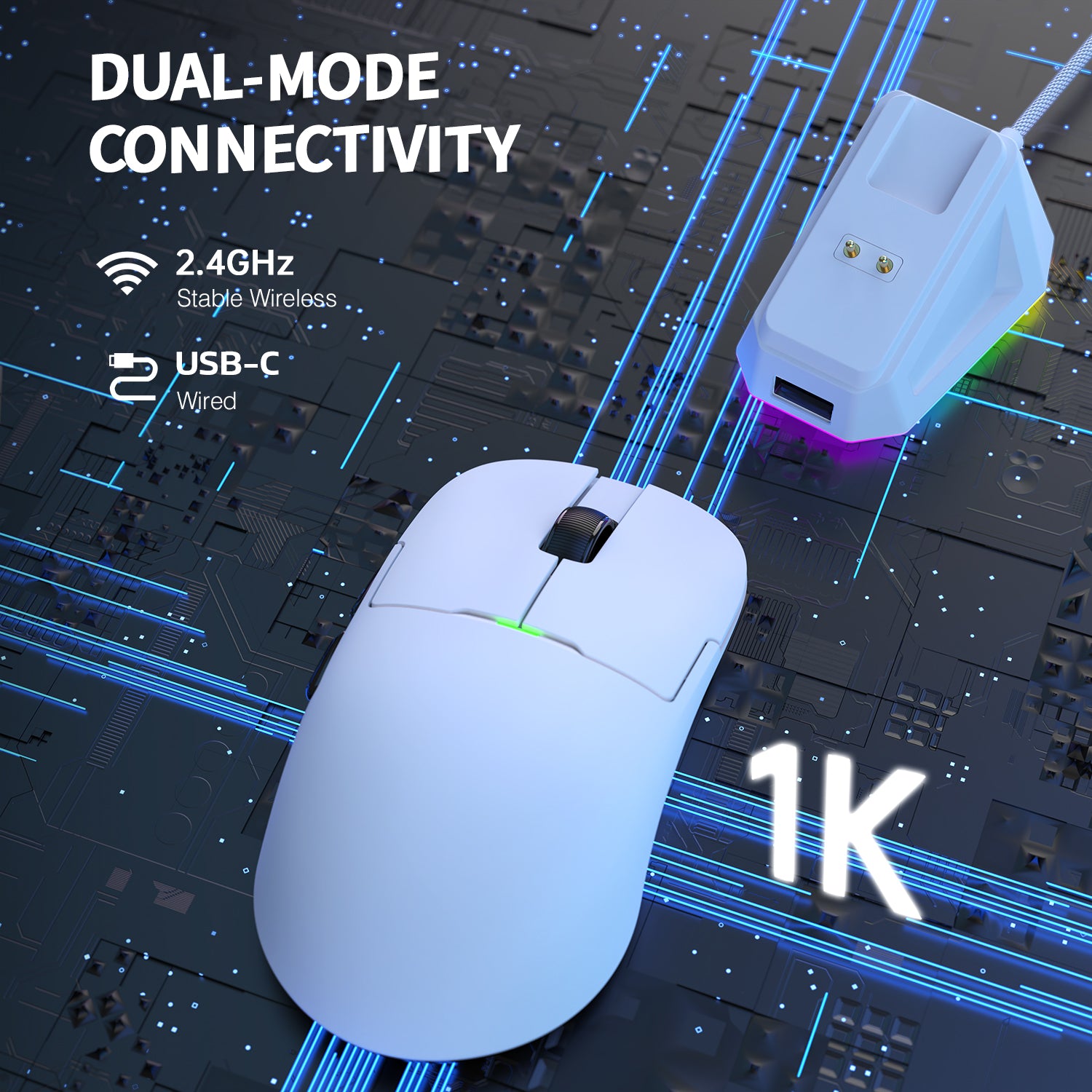 AJAZZ white gaming mouse showcasing dual-mode connectivity with USB-C and 2.4GHz options.