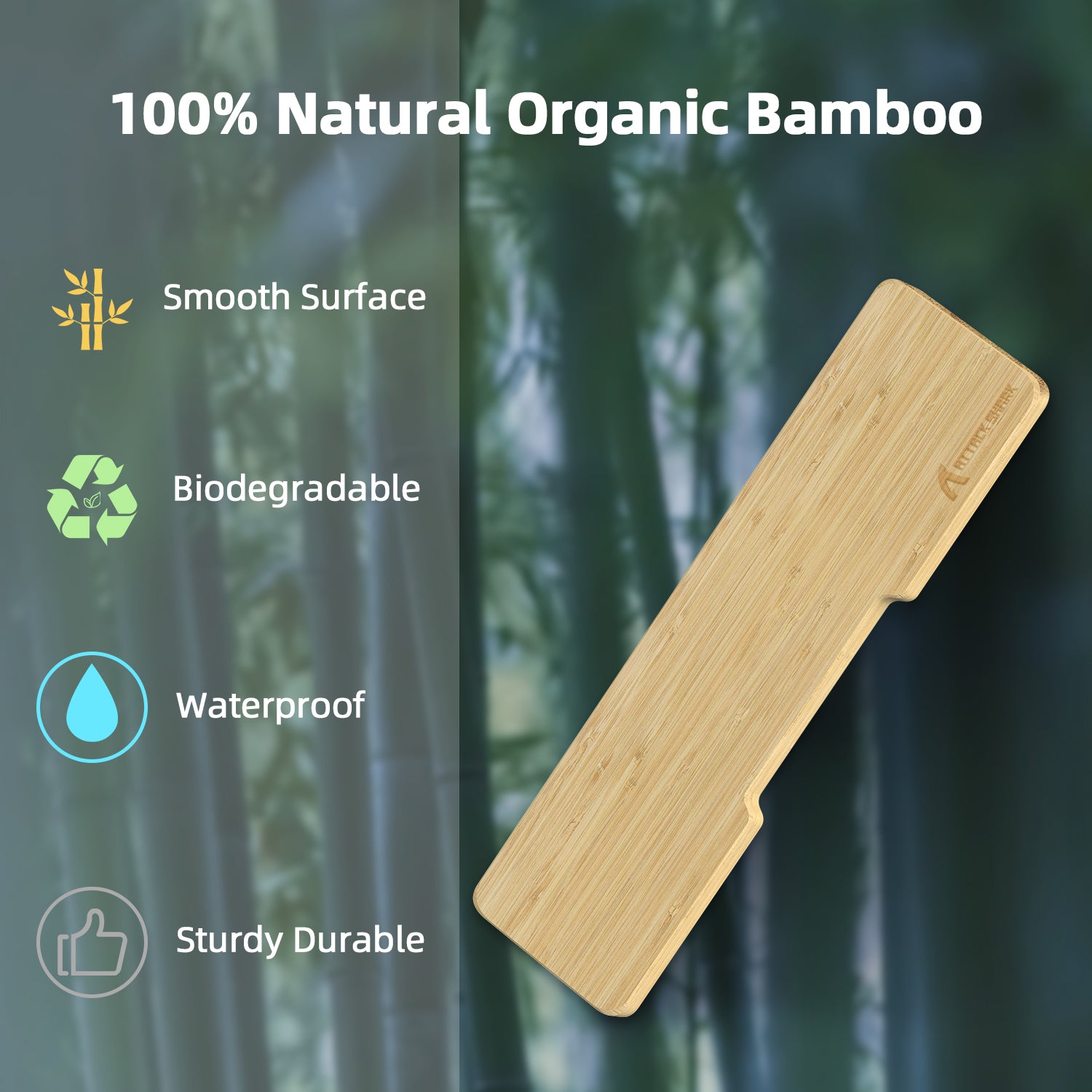 Bamboo wrist rest highlighting eco-friendly features: smooth, biodegradable, waterproof.