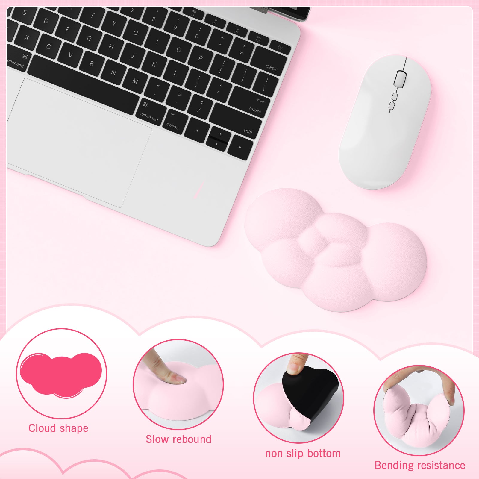 Pink cloud-shaped wrist rest with white gaming mouse on laptop showcasing comfort features.