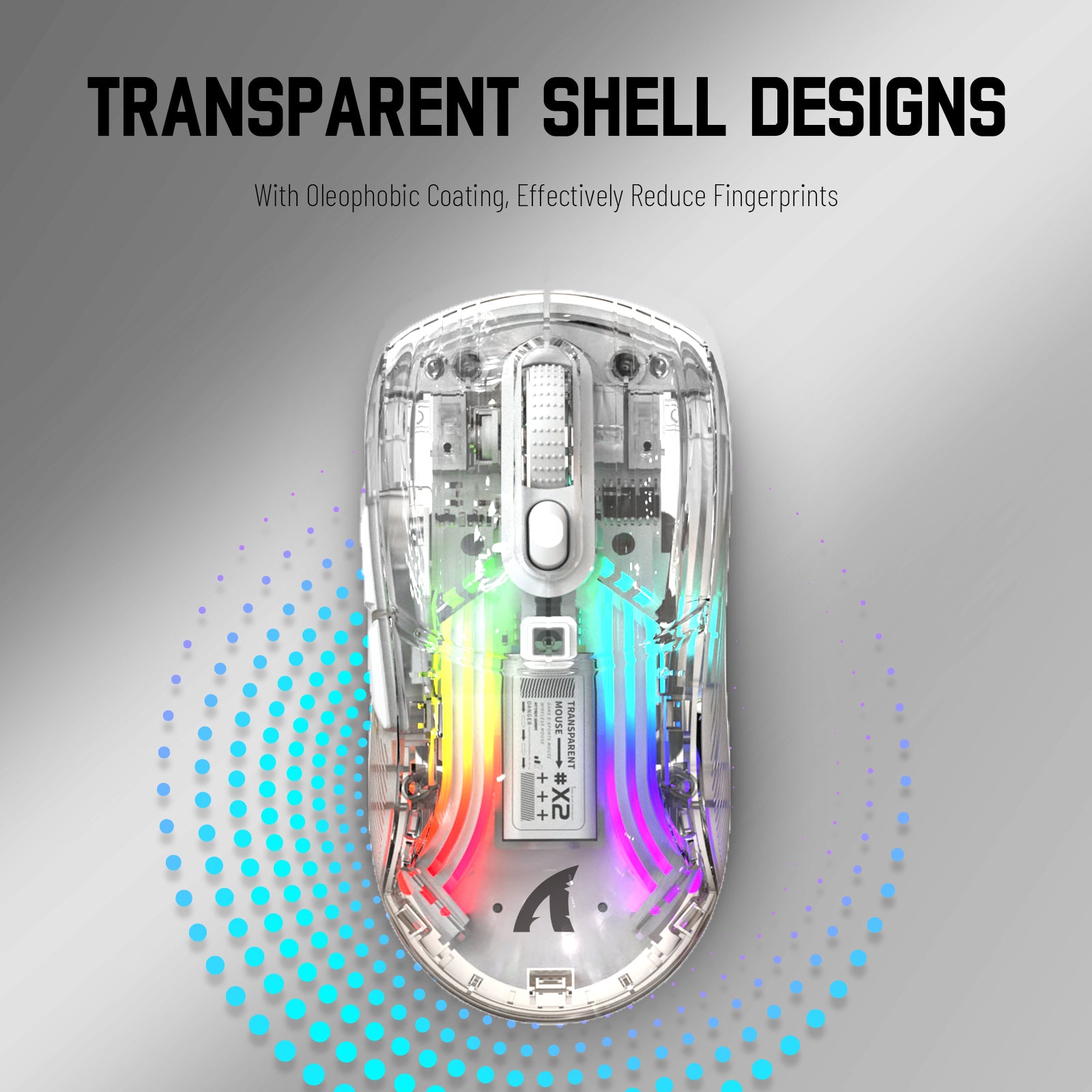 Transparent shell design of Attack Shark X2 mouse with RGB lighting and anti-fingerprint coating