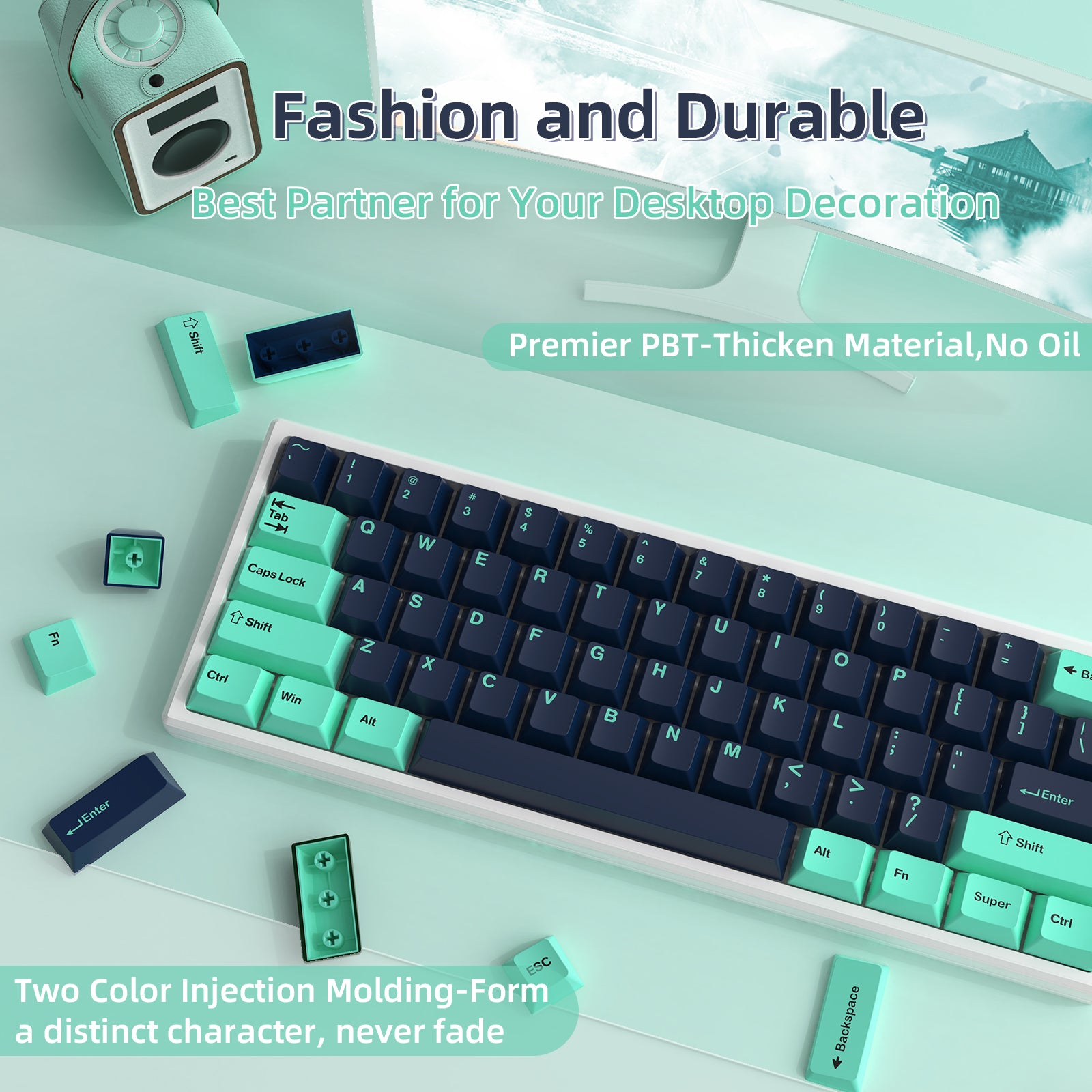 Black and teal PBT keycap set enhancing desktop aesthetics for mechanical keyboards.