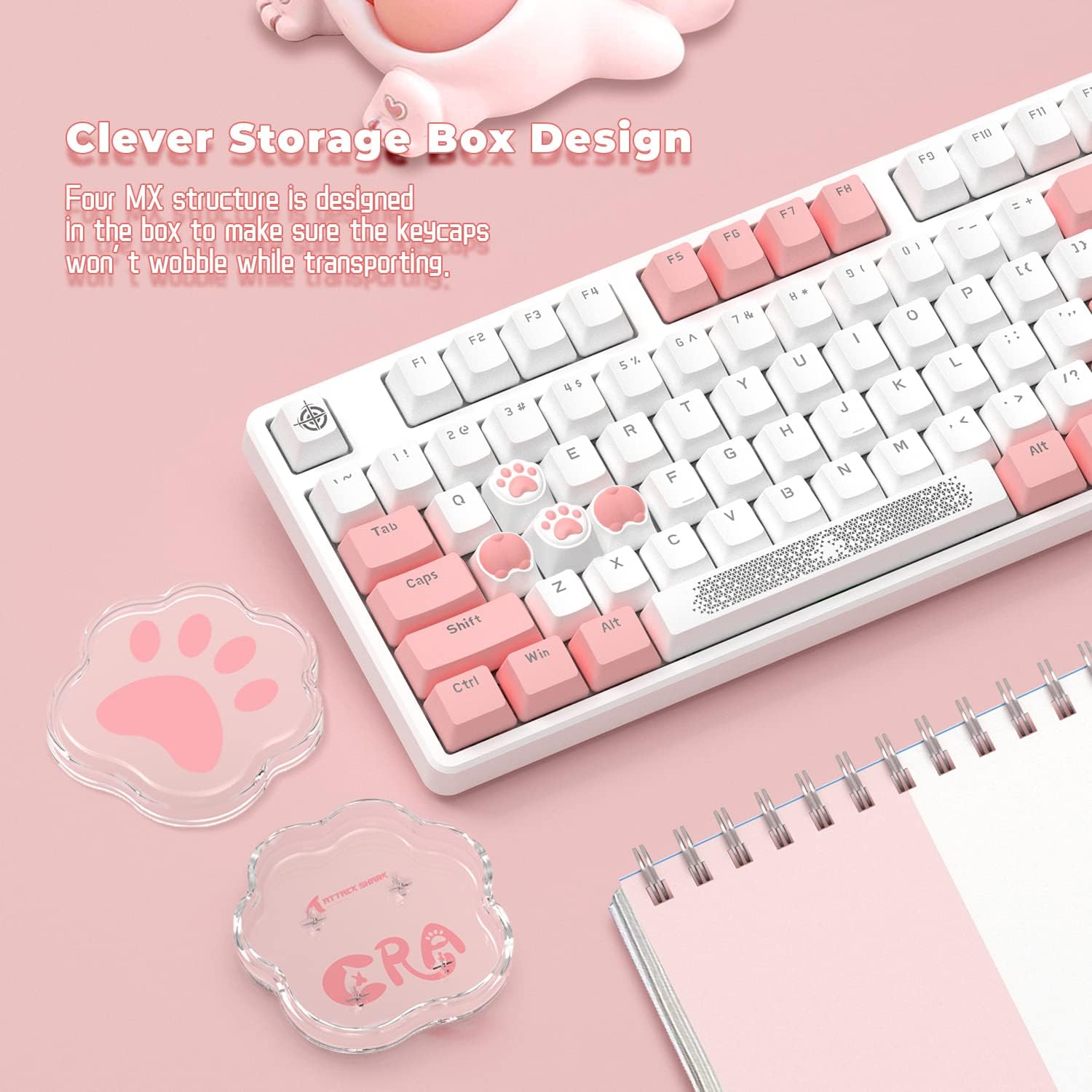 Clever storage box for cat paw keycaps, clear design on pink background.