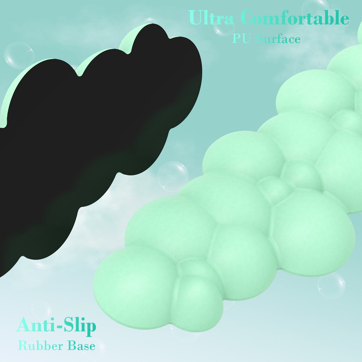 Mint green cloud-shaped ergonomic wrist rest with anti-slip base and PU surface.