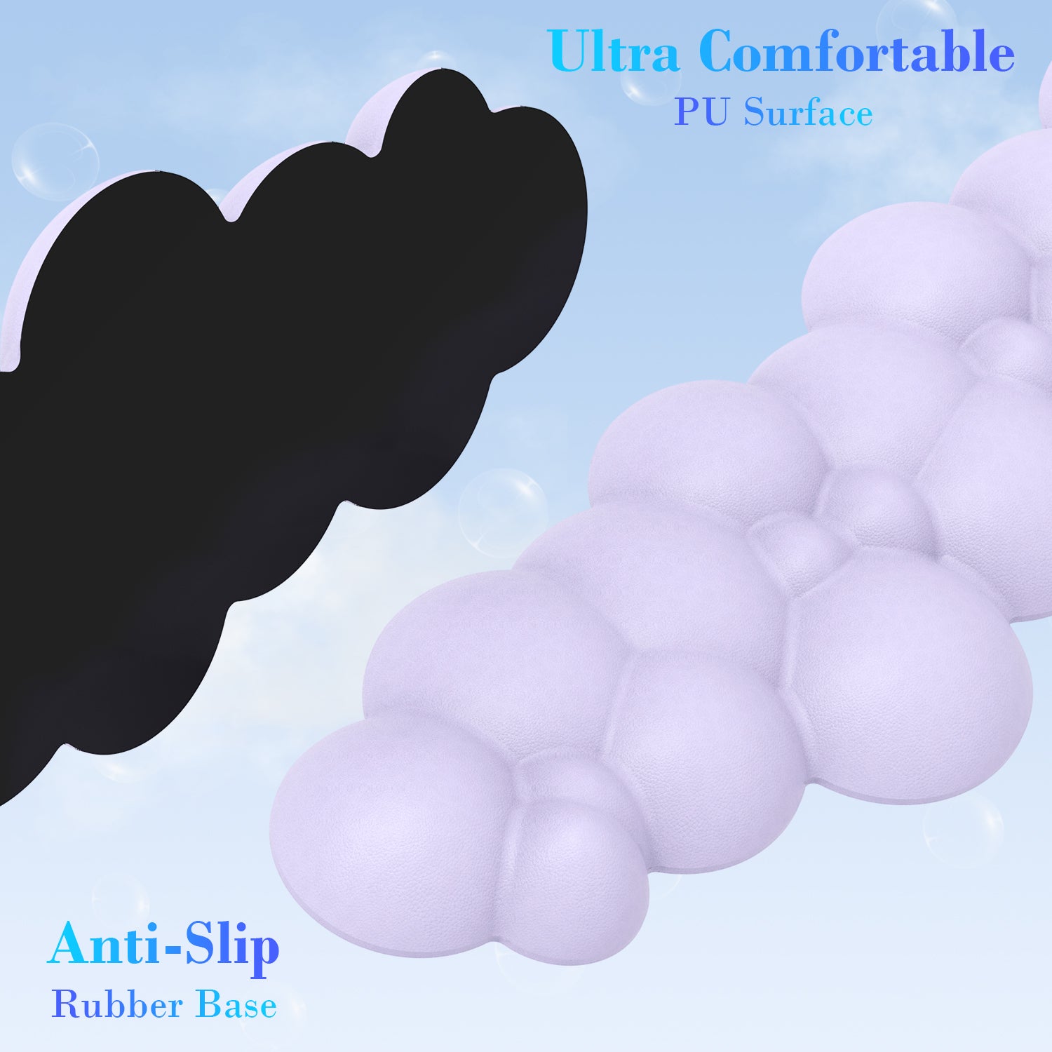 Black and lavender cloud wrist rests with anti-slip rubber base and PU surface.