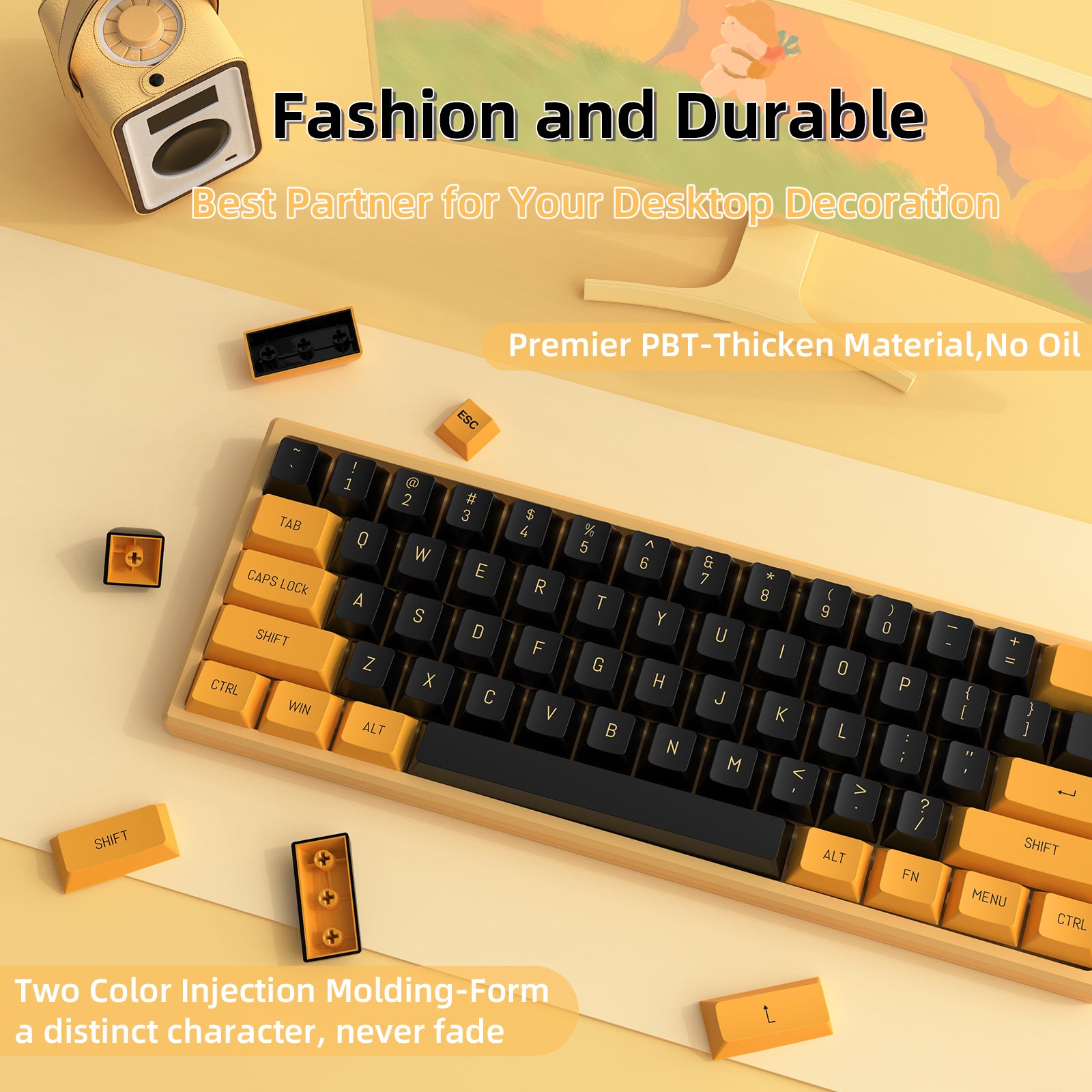 Black and gold PBT keycap set with ergonomic design, enhancing desktop style.