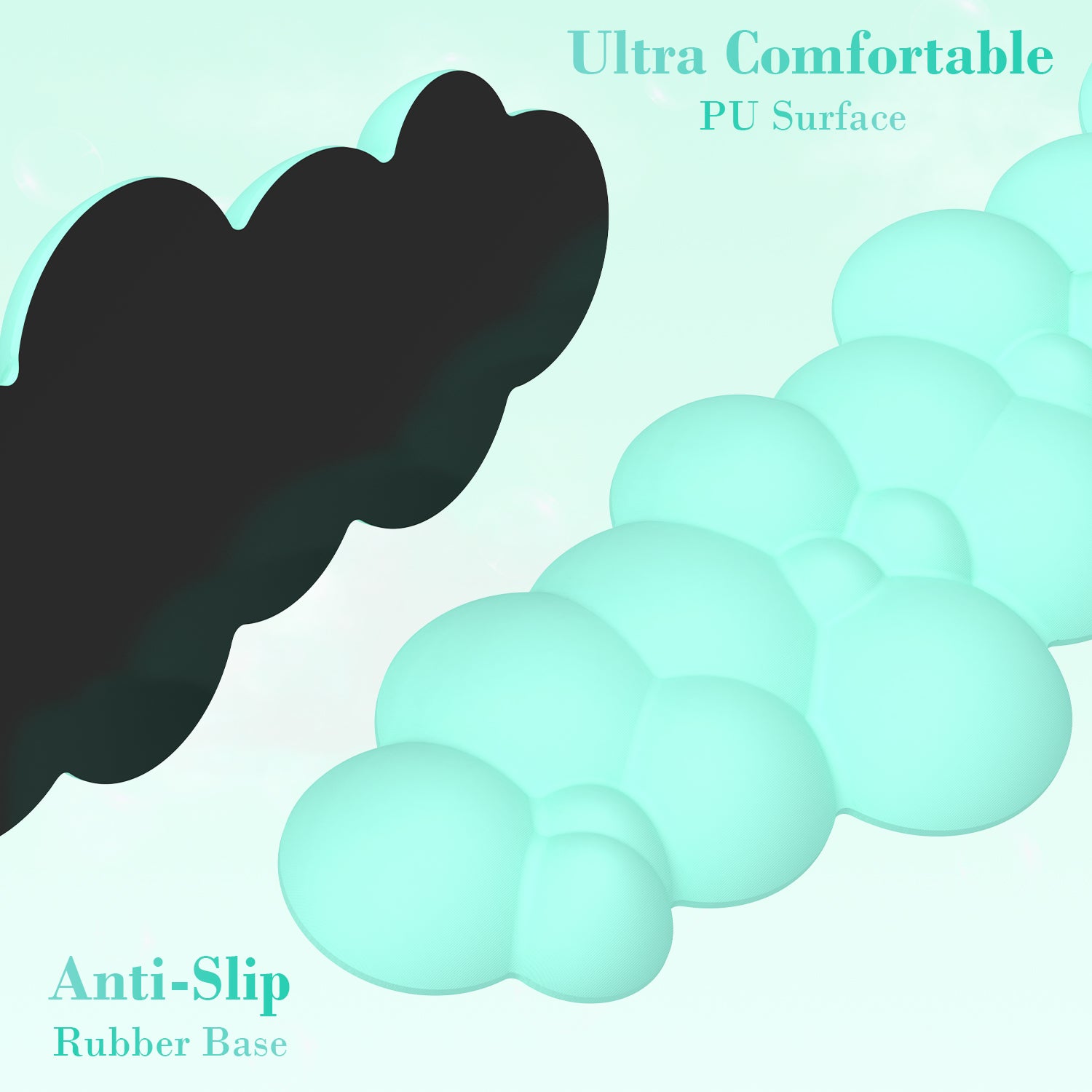 Mint green and black cloud-shaped wrist rests with anti-slip base and PU surface.