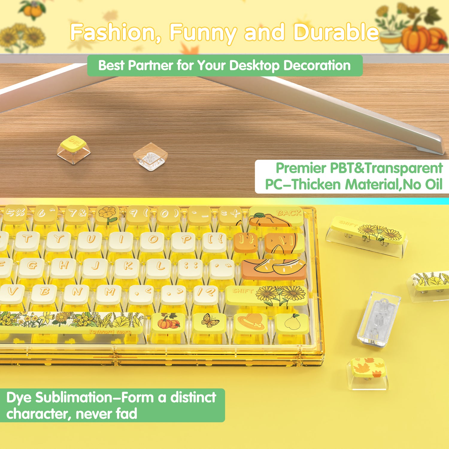 Yellow mechanical keyboard with fruit-themed keycaps and colorful designs.