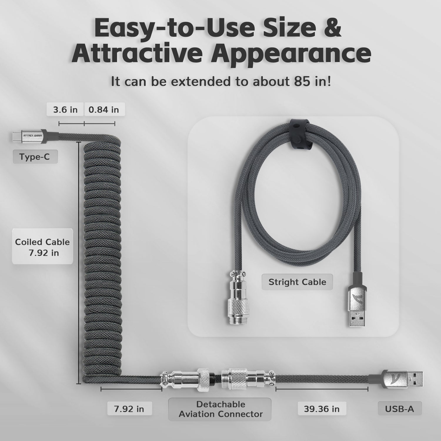 Custom coiled USB-C keyboard cable specifications with lengths and detachable connector