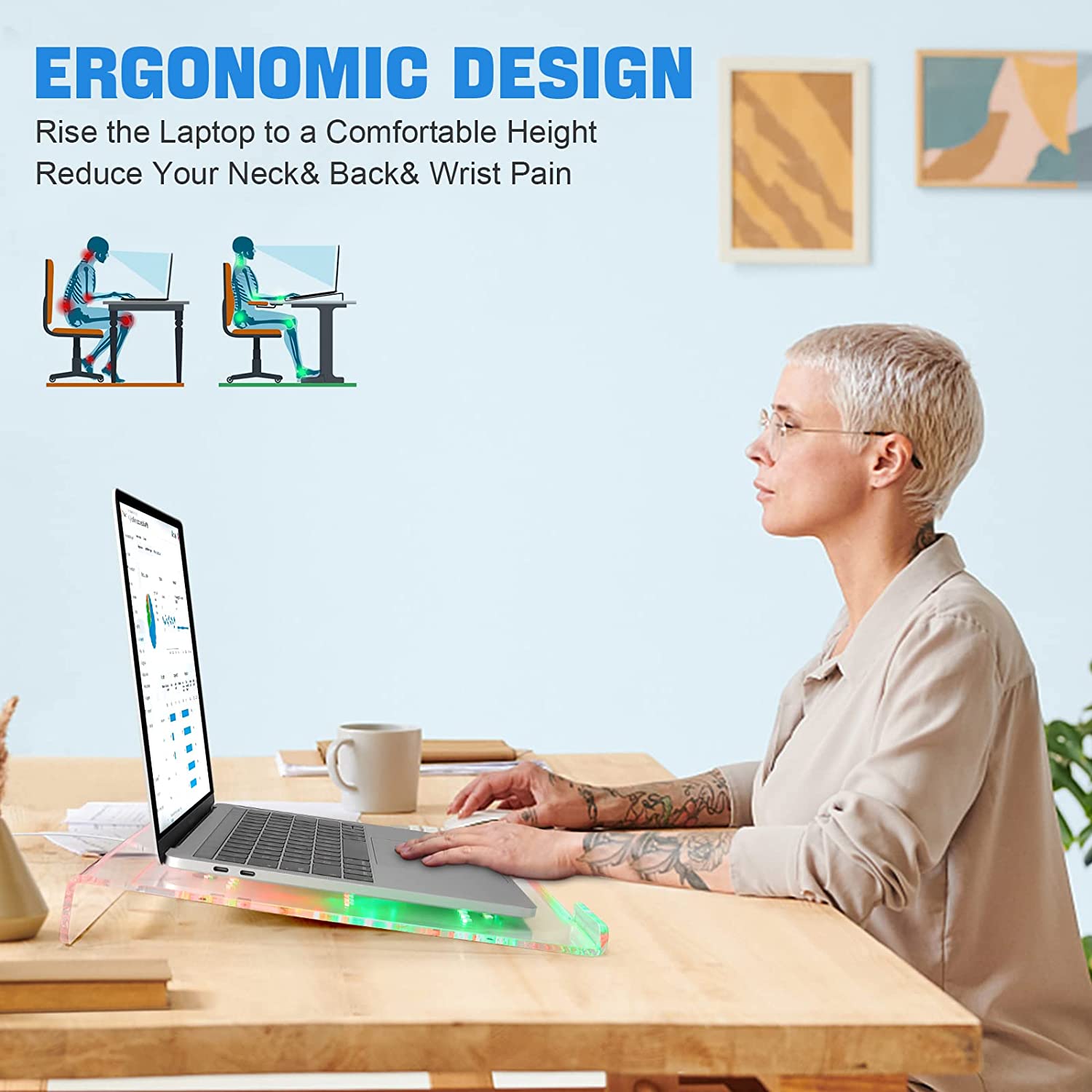 Woman using MAMBASNAKE laptop riser with ergonomic design and RGB features.