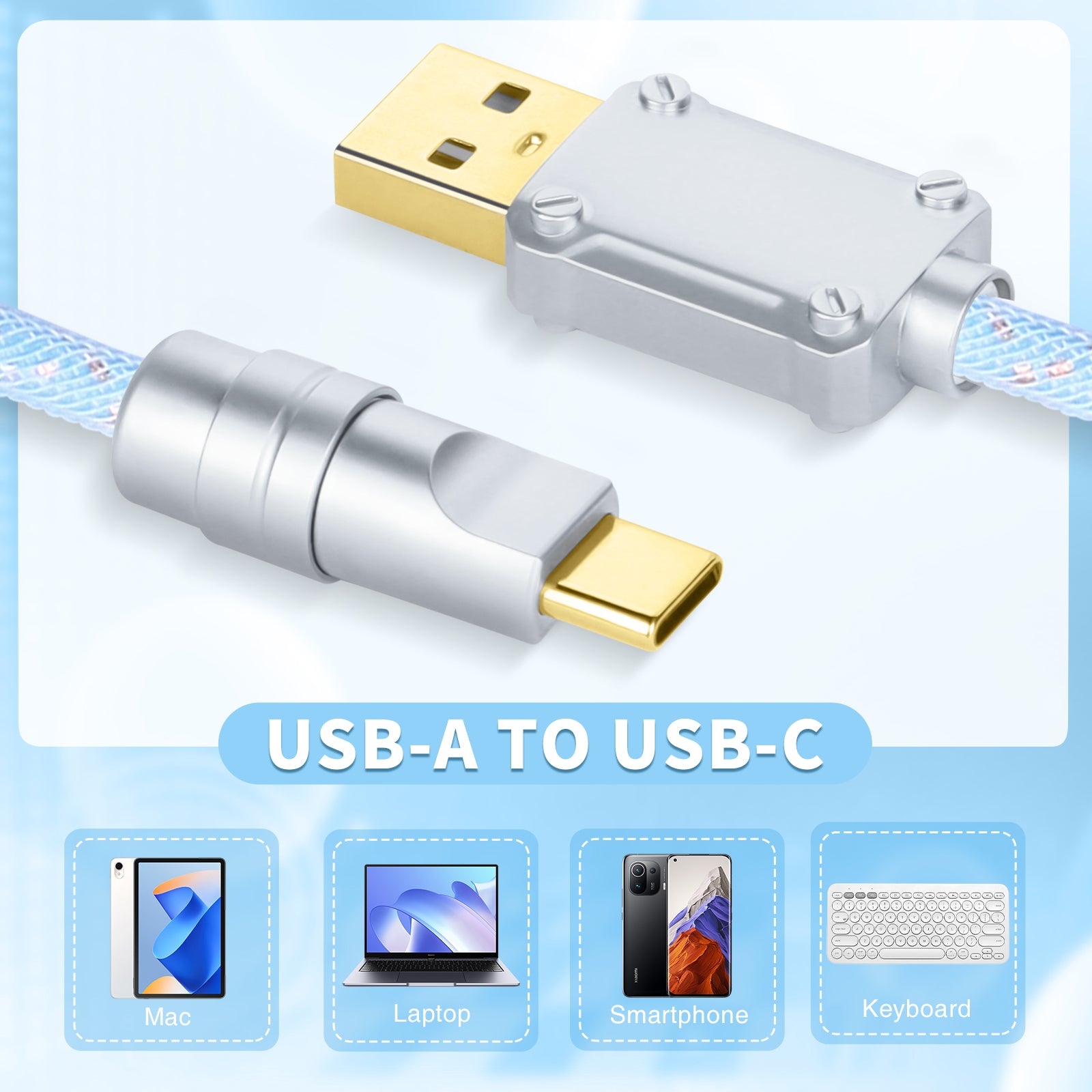 USB-A to USB-C coiled cable with detachable connectors for versatile device compatibility.