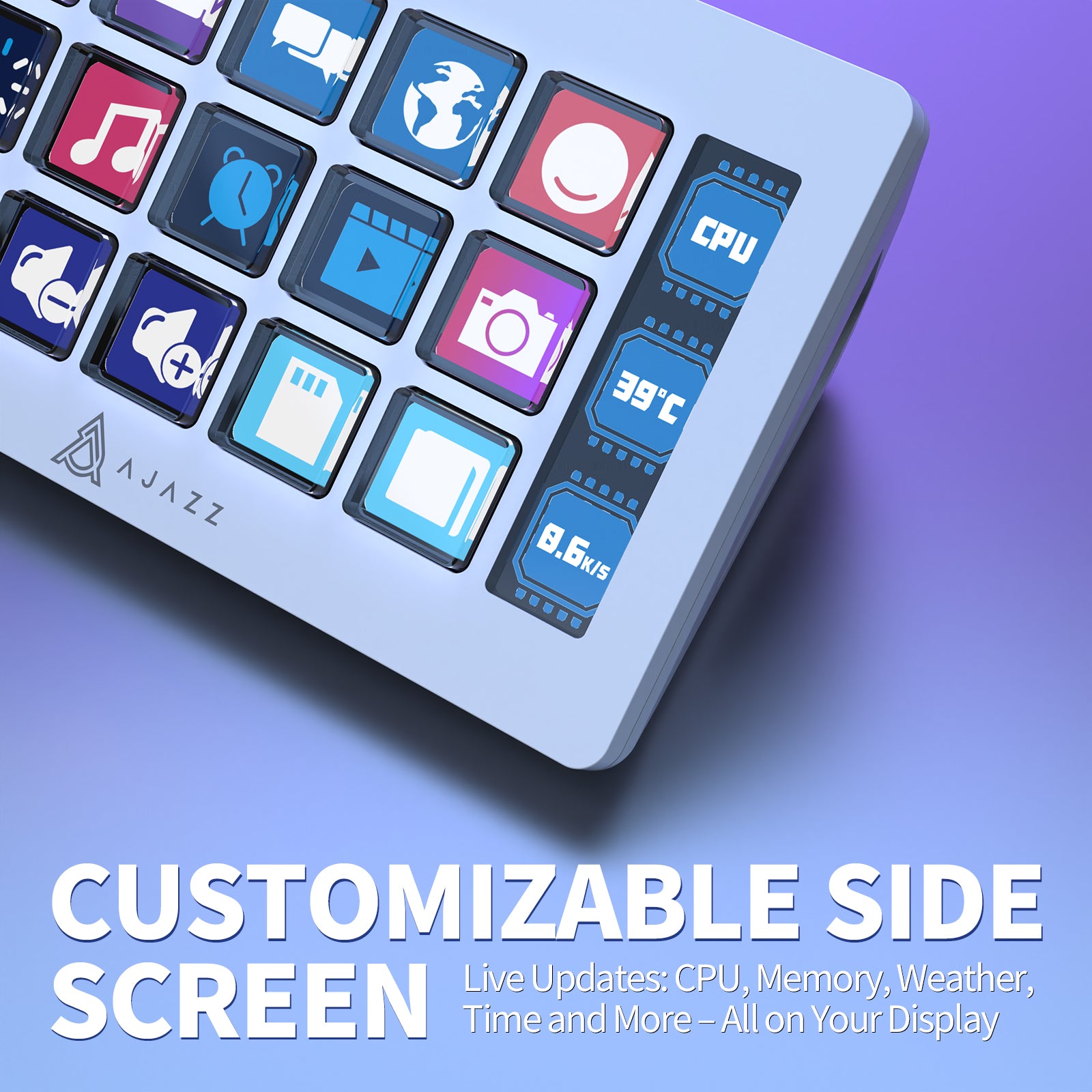 AJAZZ AKP153 Stream Deck featuring customizable side screen with live updates.