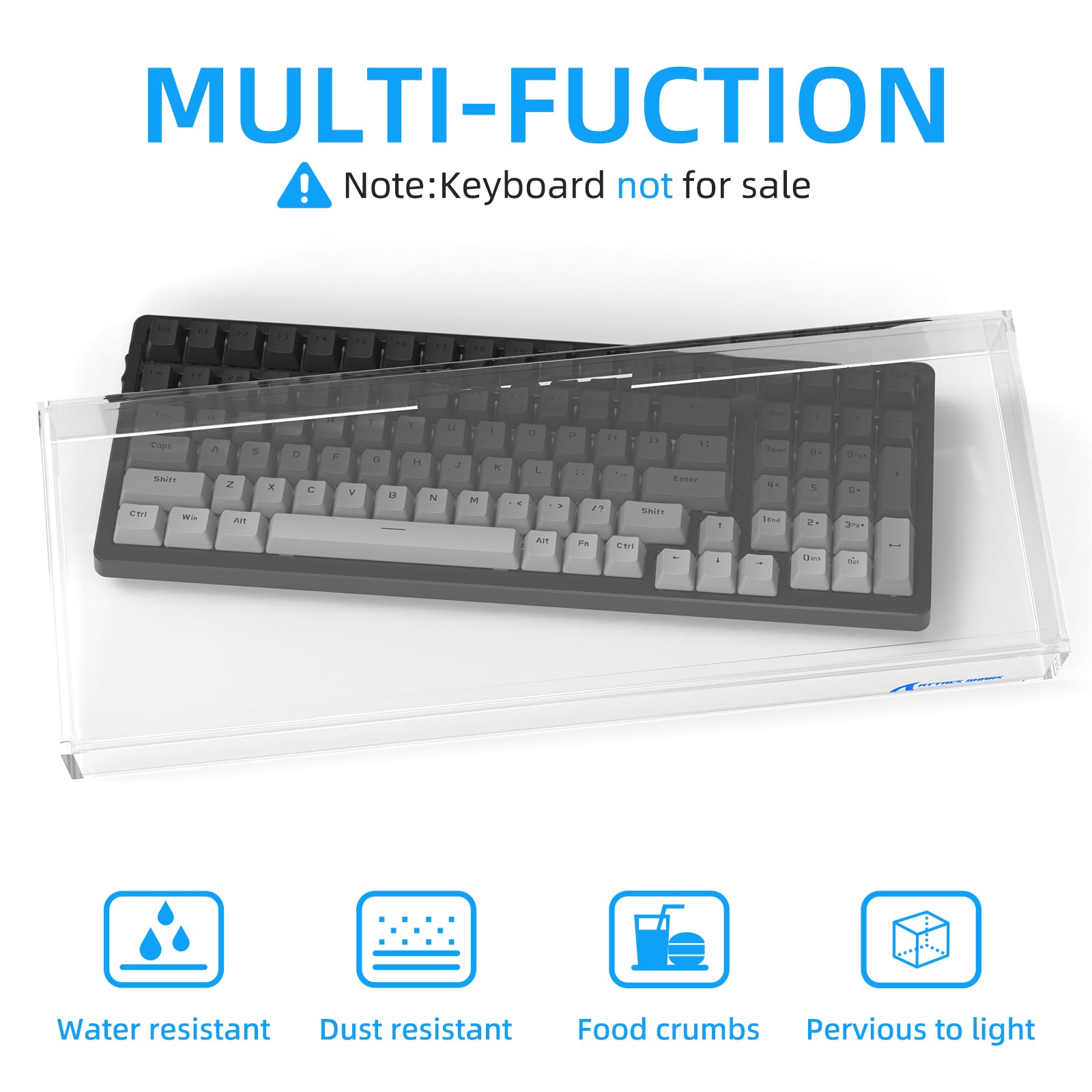 Clear acrylic dust cover for 98 keys keyboard with waterproof and dust-proof icons.