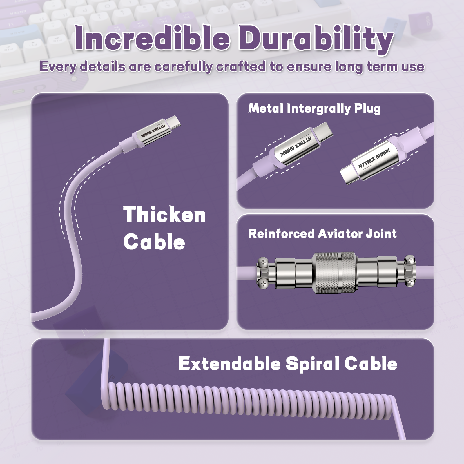 Durable C04-C coiled USB C keyboard cable features thickened cable and reinforced connectors.