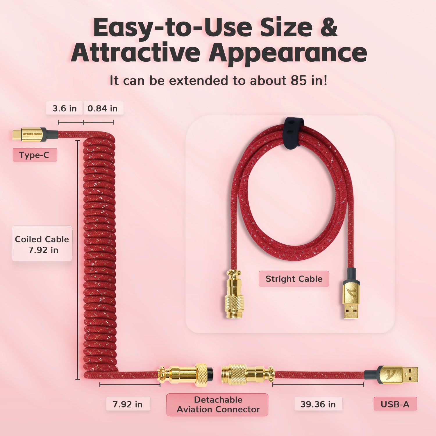 Red coiled USB-C keyboard cable with gold connectors; dimensions 7.92 in coiled, 39.36 in straight.