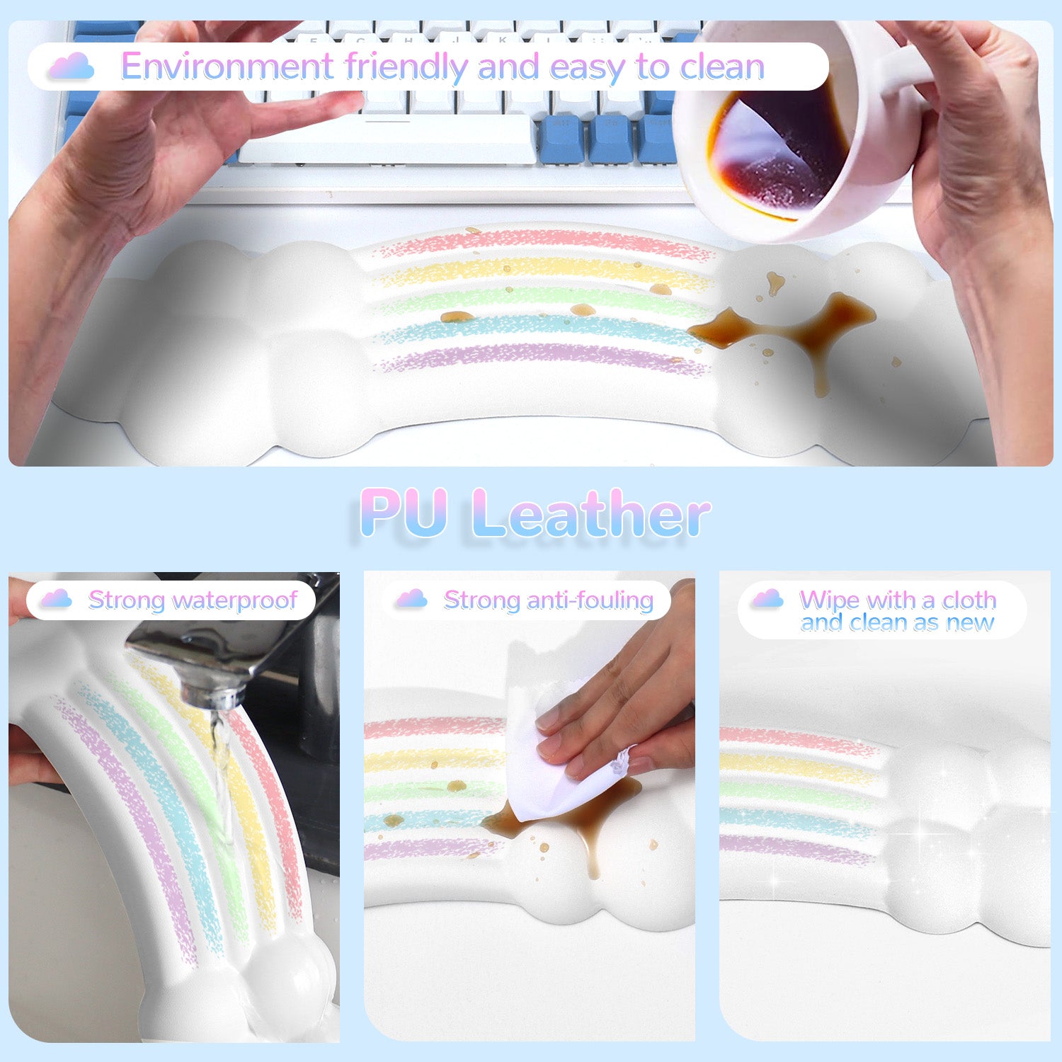 Wrist rest with rainbow design, showing easy cleaning process with coffee spill.