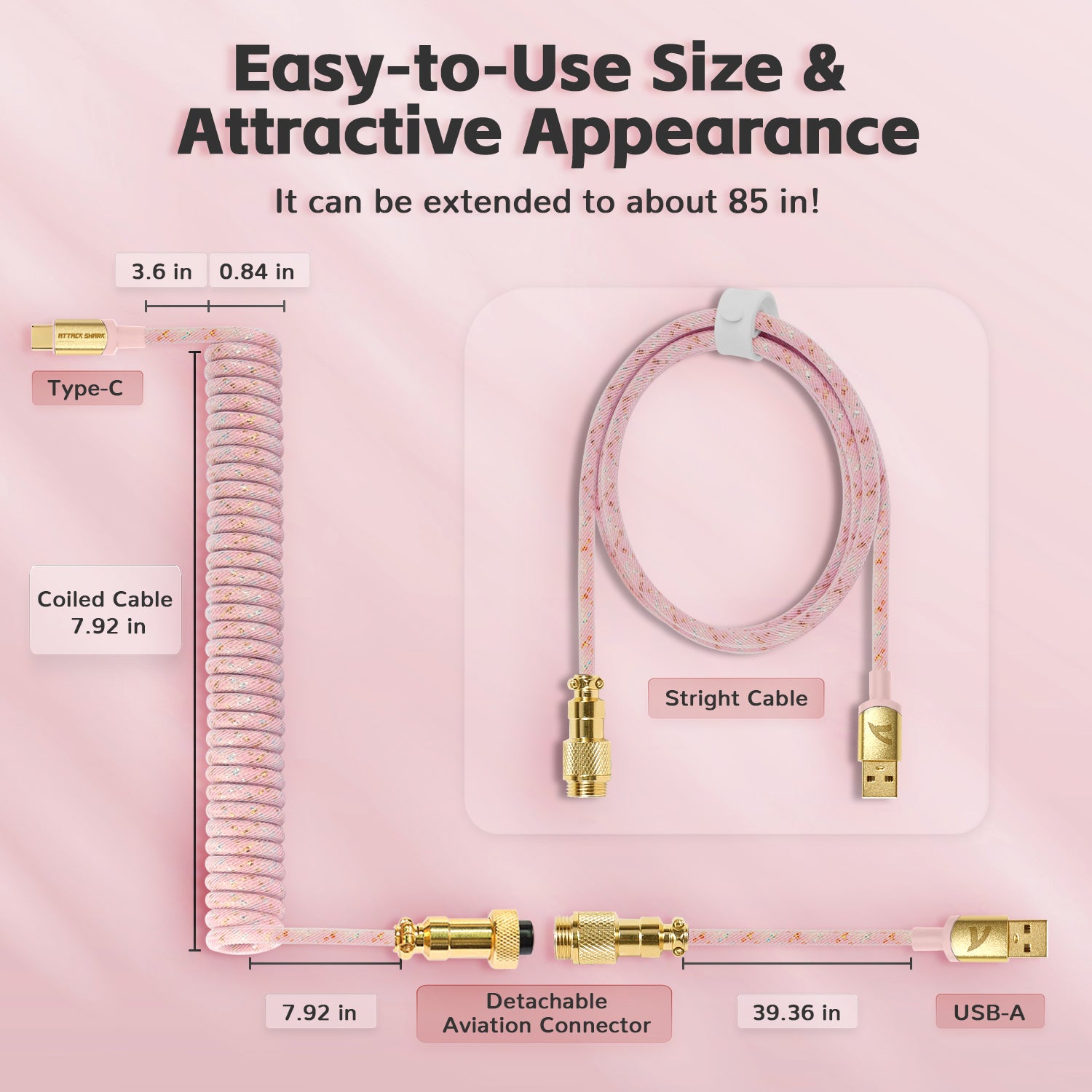 C03 coiled USB-C keyboard cable dimensions: 7.92 in coiled, 39.36 in straight, Type-C and USB-A connectors.