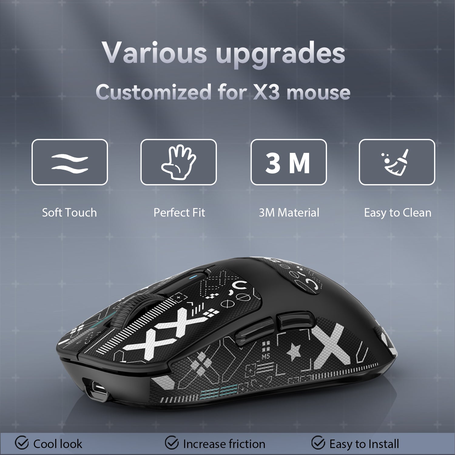 Gaming mouse with geometric grip tape highlighting soft touch and easy installation.