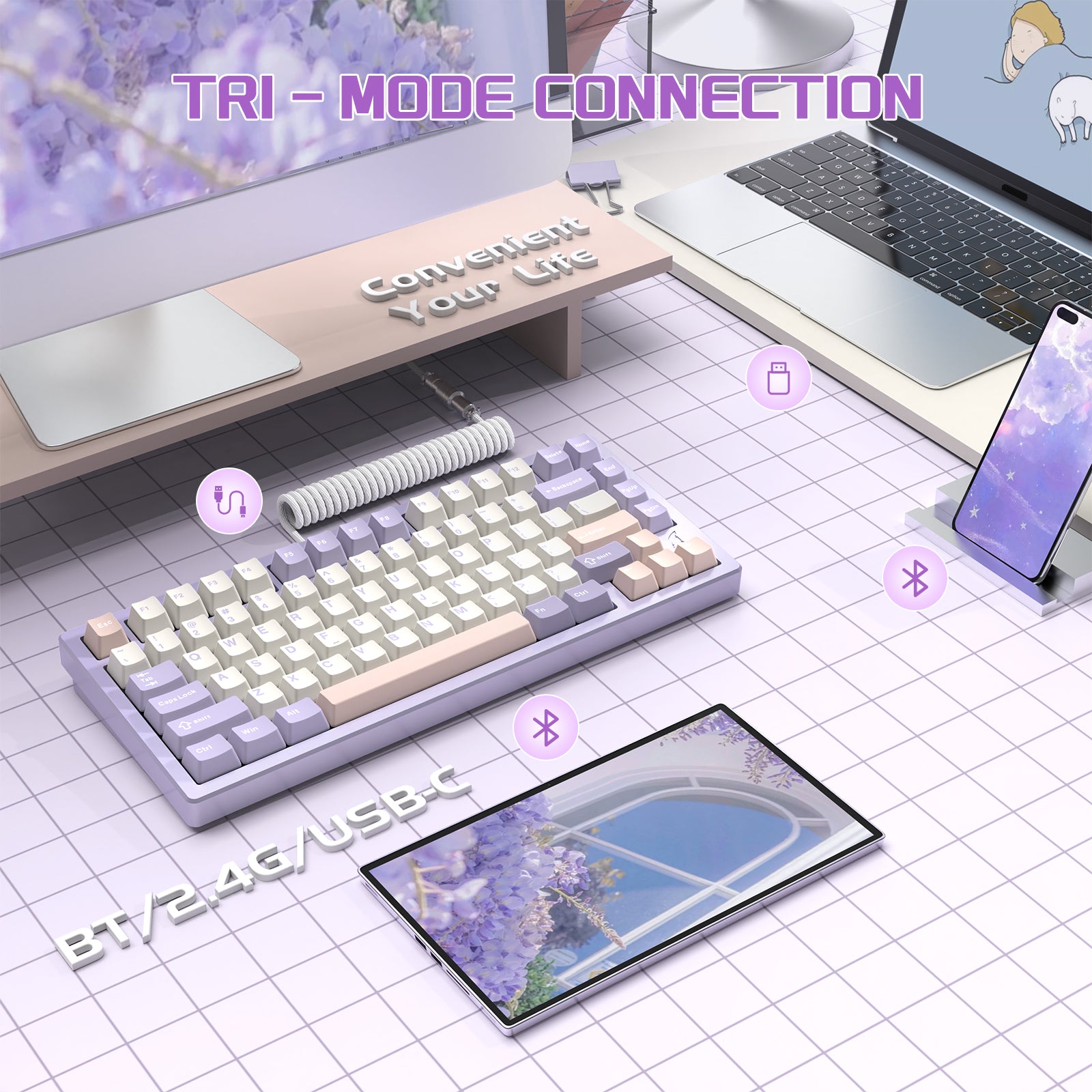 ATTACK SHARK X75 keyboard in pastel colors highlighting tri-mode connections.