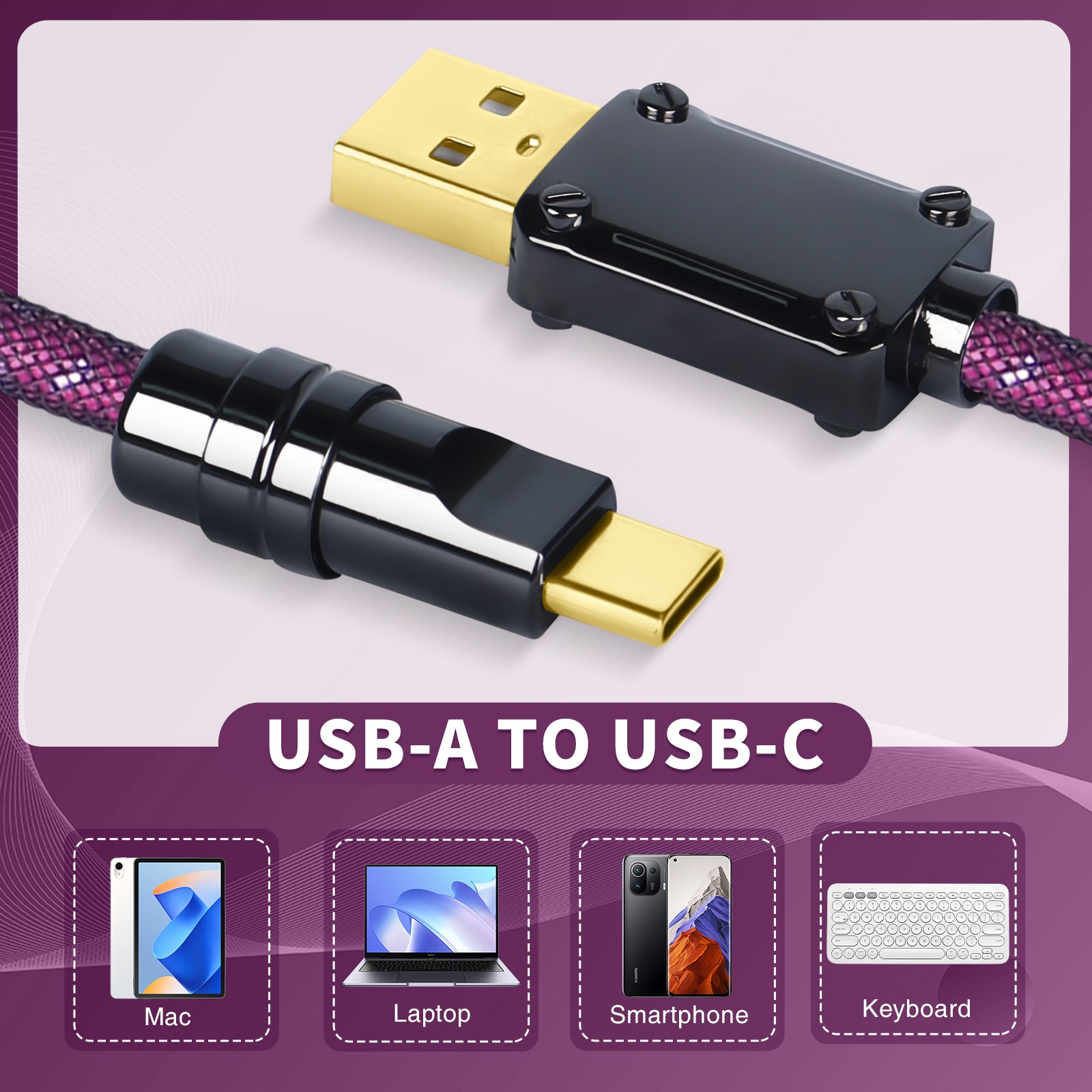 Black and pink braided USB-A to USB-C cable with detachable gold connectors for versatile use.