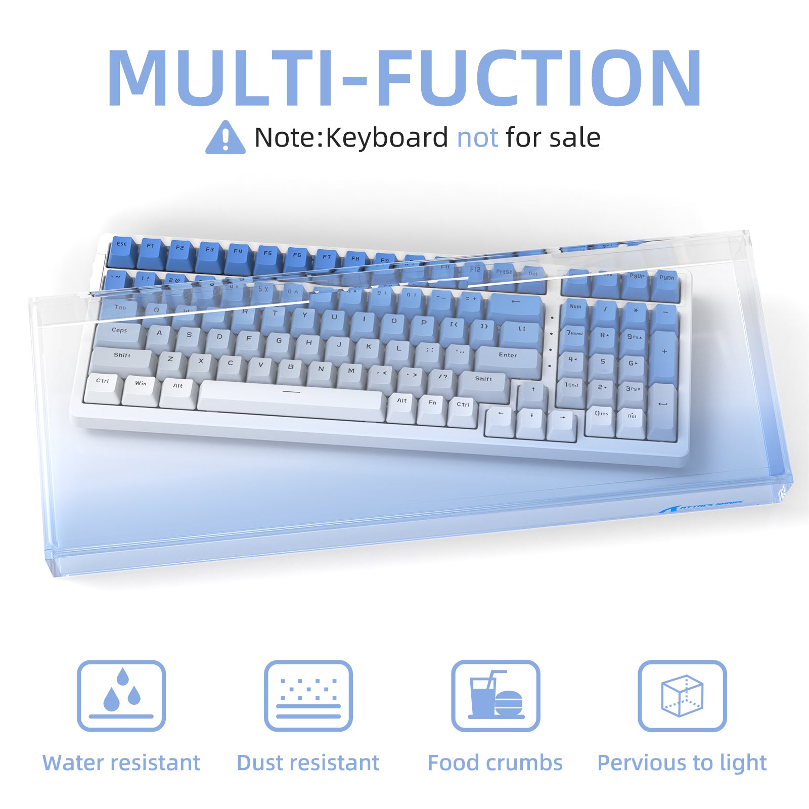 Clear acrylic keyboard cover for 98 keys with waterproof and dust-proof icons.