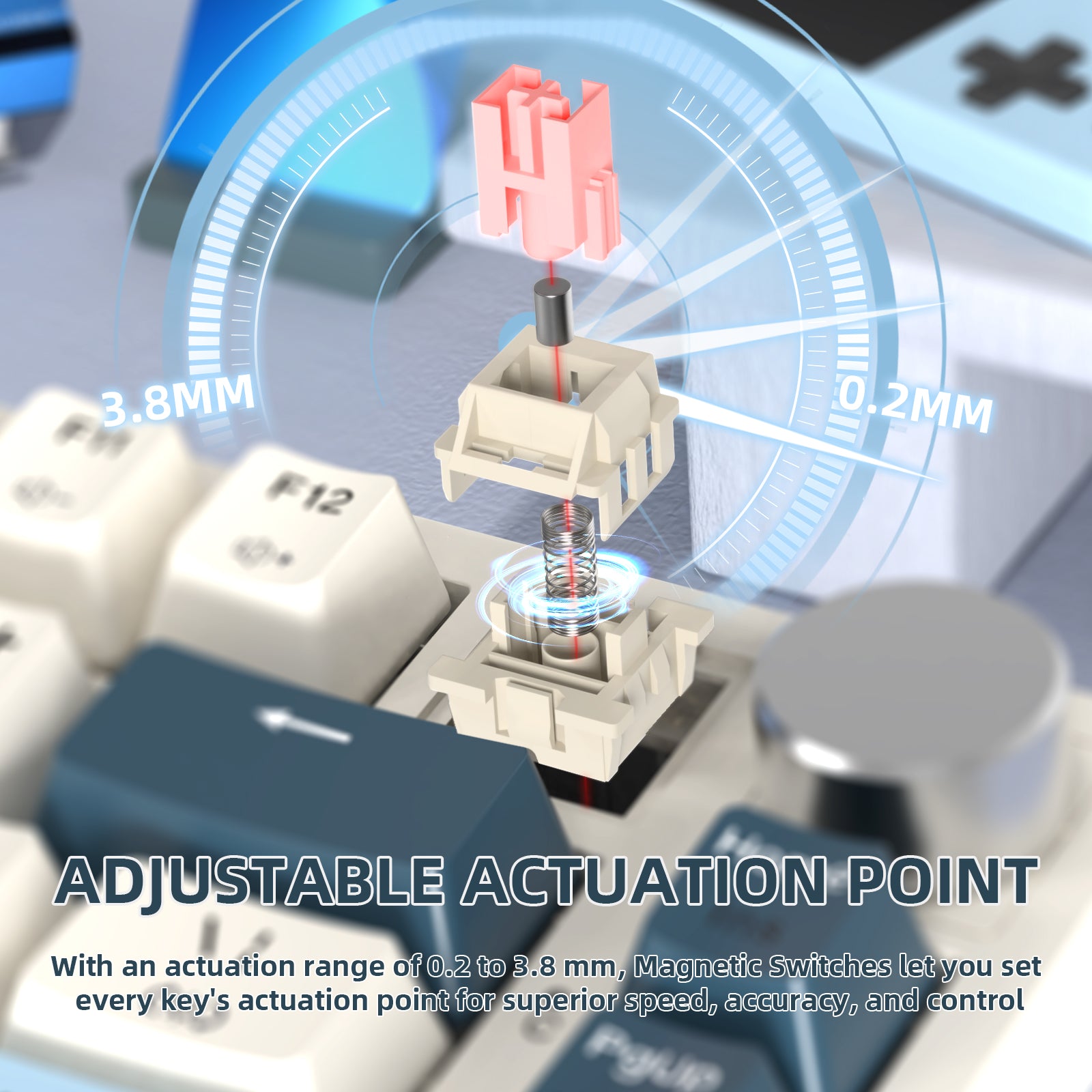 K85 keyboard magnetic switch with adjustable actuation point from 0.2mm to 3.8mm.