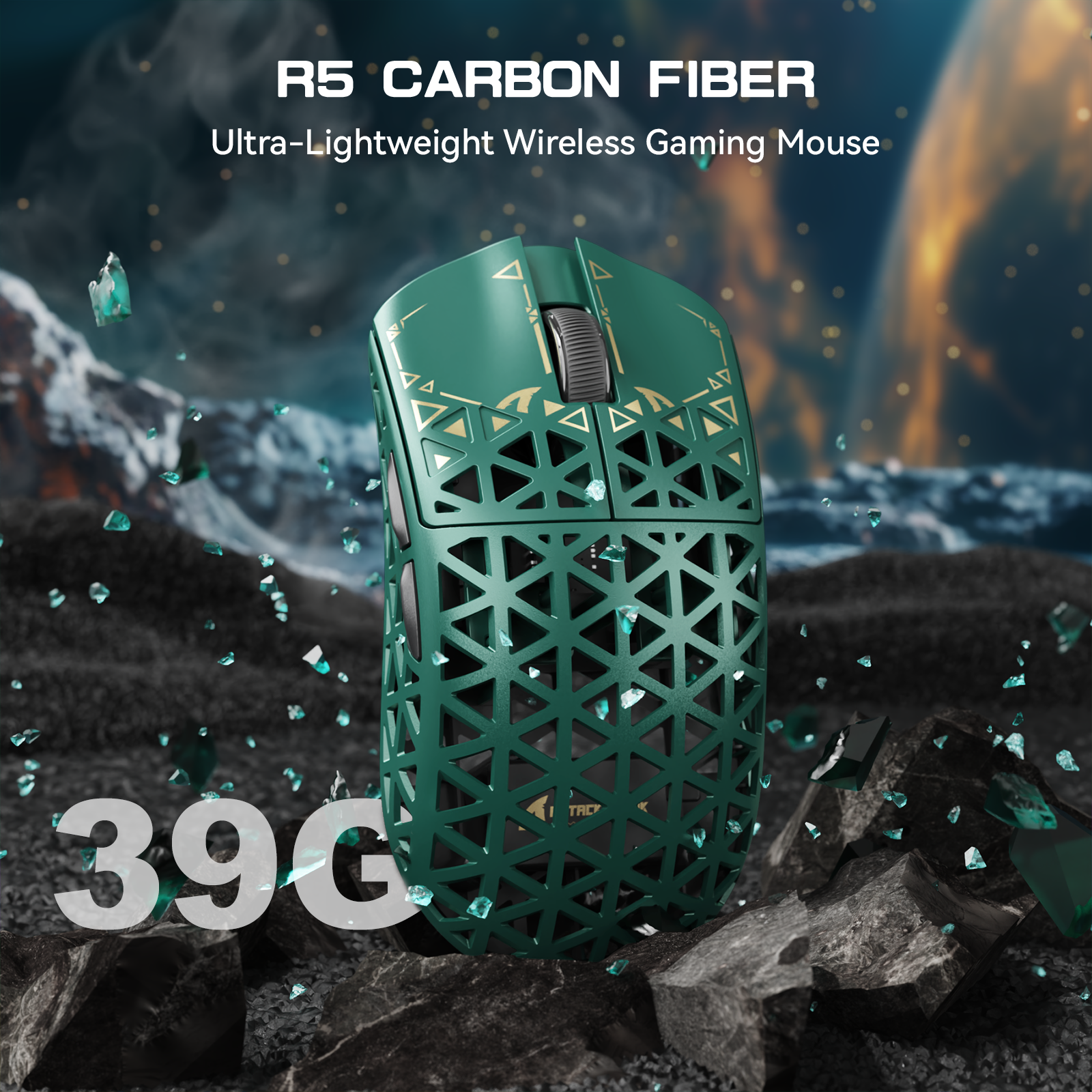 ATTACK SHARK R5 Ultra green carbon fiber wireless gaming mouse with honeycomb design and 39G weight.