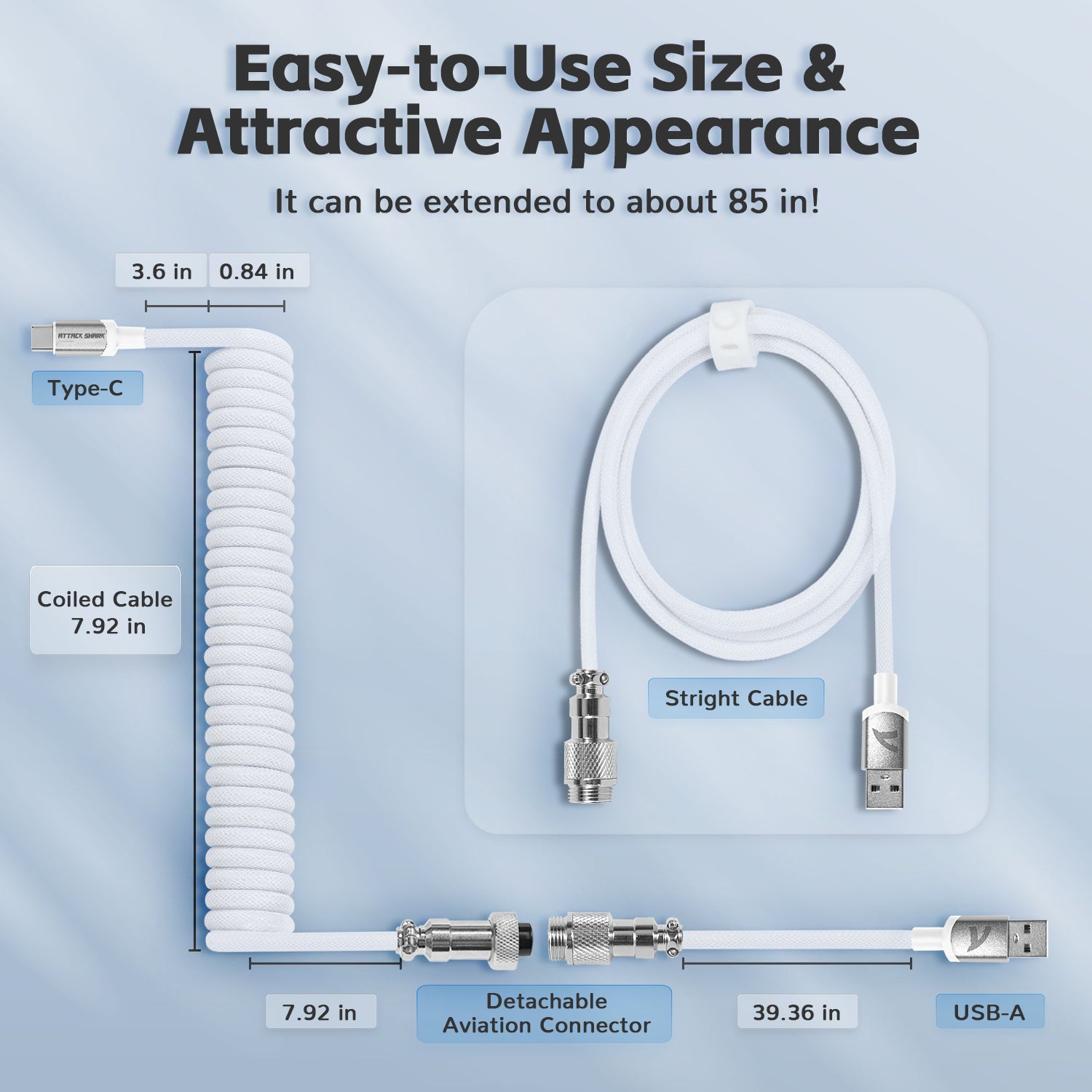 Dimensions of Attack Shark coiled USB-C keyboard cable, extendable to 85 inches.