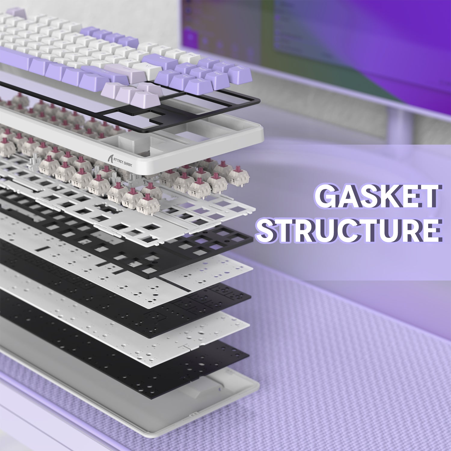 Gasket structure layers of ATTACK SHARK X87 keyboard highlighting key stability.