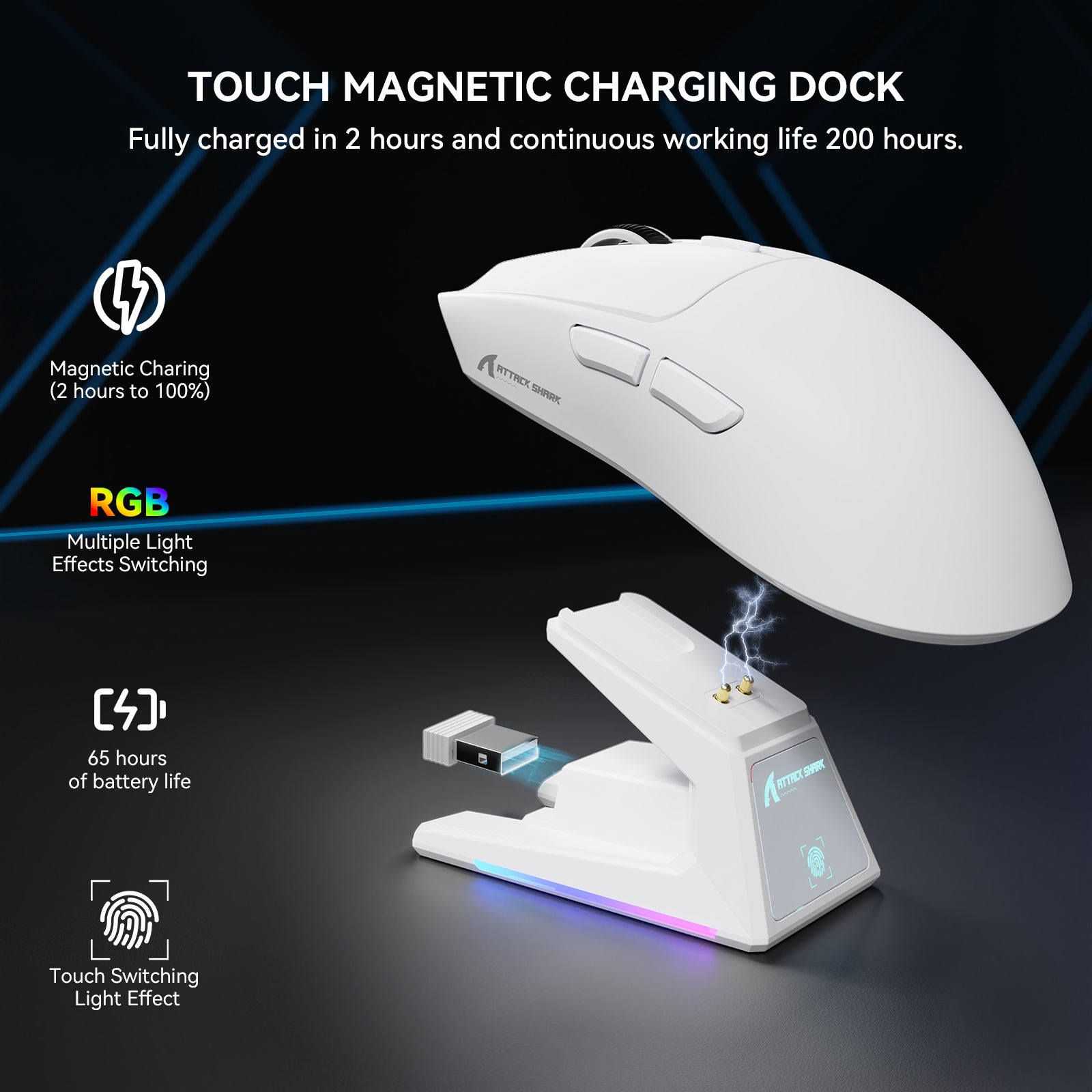 Ratón para juegos ATTACK SHARK X1 de tres modos con panel táctil RGB y base de carga PAW3395PRO Sensor