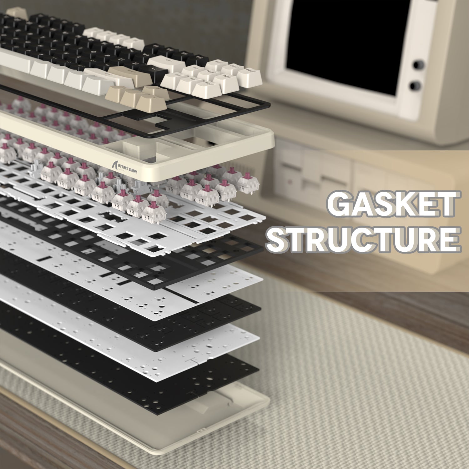 Gasket structure layers of ATTACK SHARK X87 mechanical keyboard with PBT keycaps