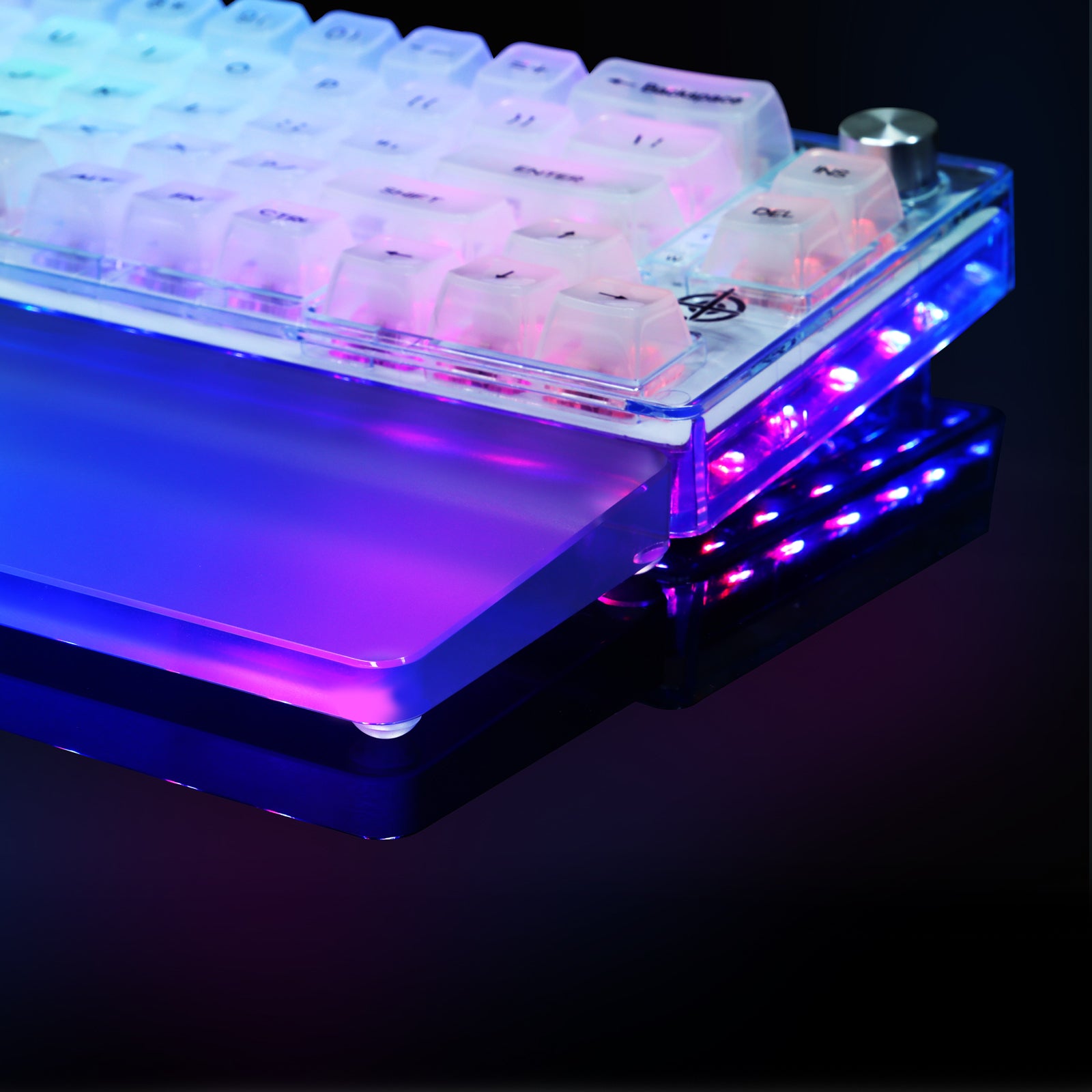 RGB mechanical keyboard with translucent acrylic wrist rest and ambient lighting effects