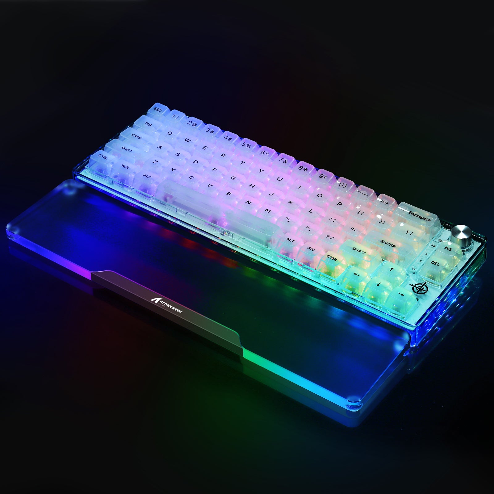 RGB gaming keyboard with translucent keycaps and clear acrylic wrist rest.